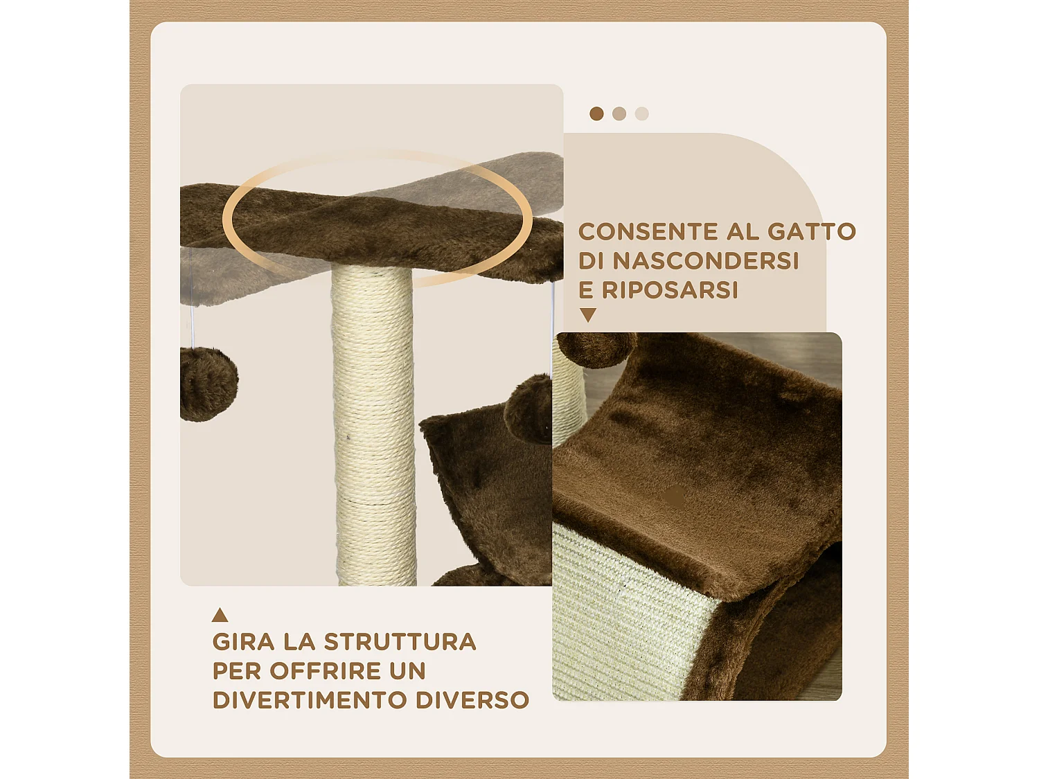Tiragraffi per gatti con cuccia in peluche marrone 43cm