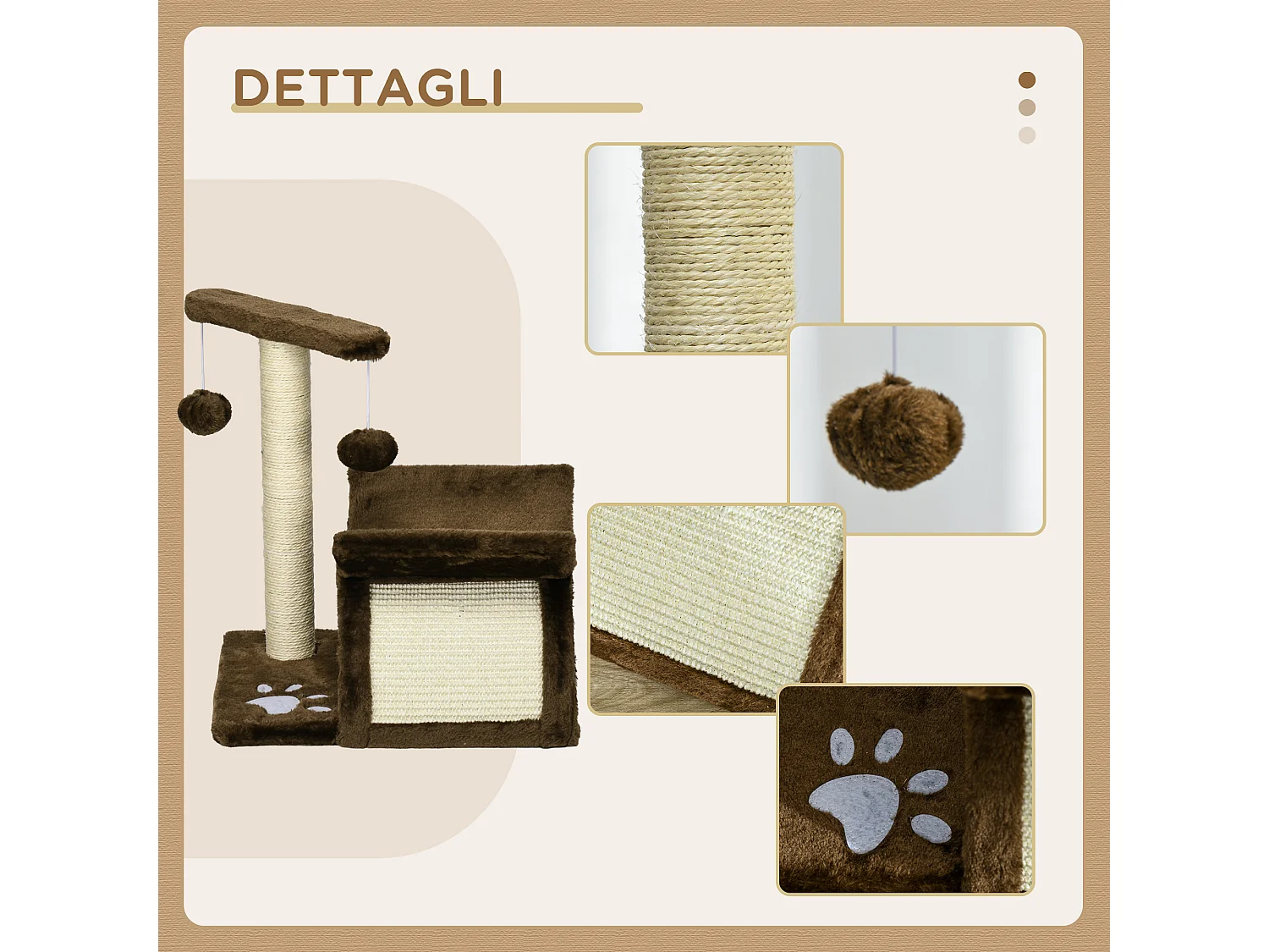 Tiragraffi per gatti con cuccia in peluche marrone 43cm