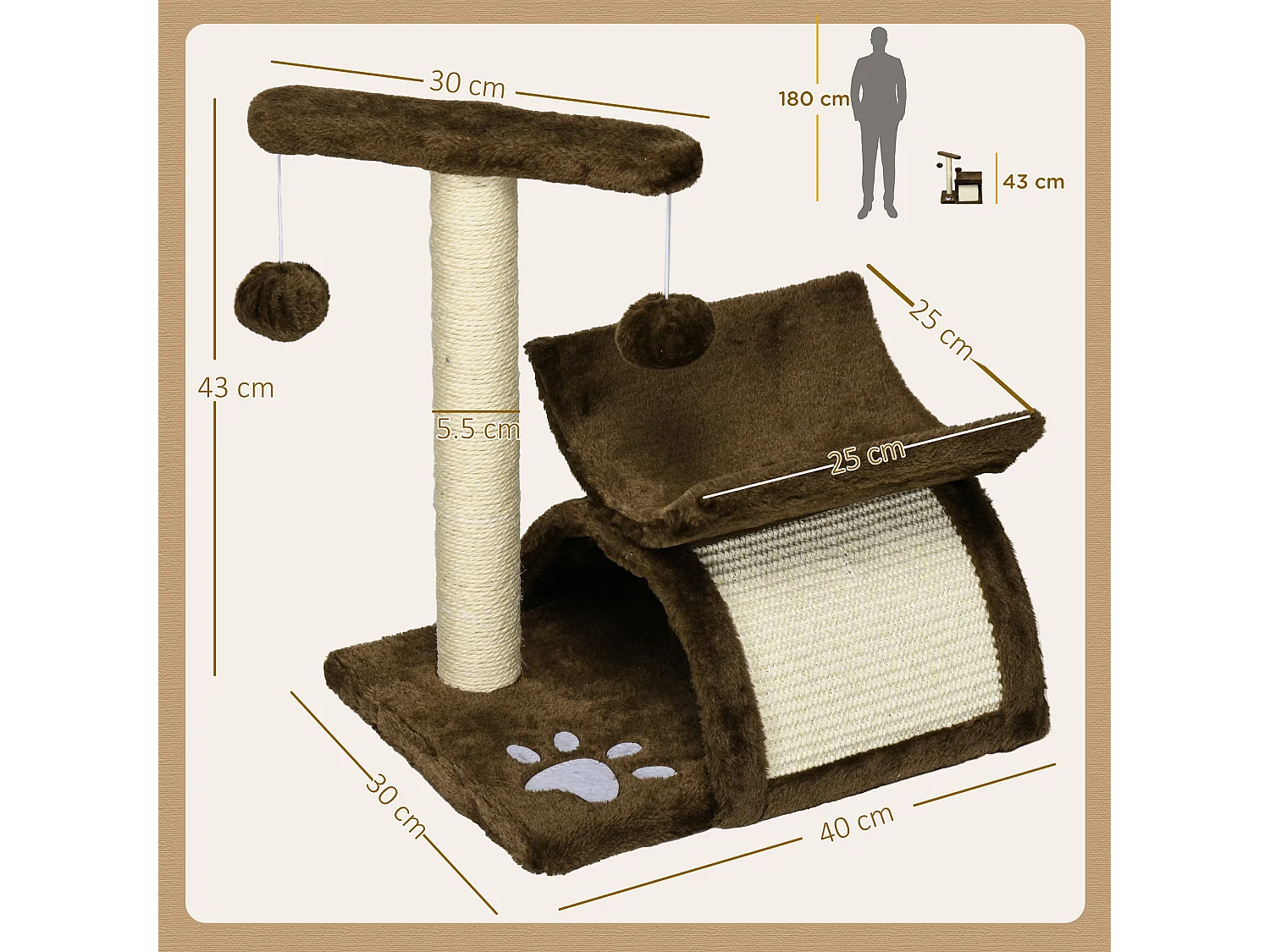 Tiragraffi per gatti con cuccia in peluche marrone 43cm