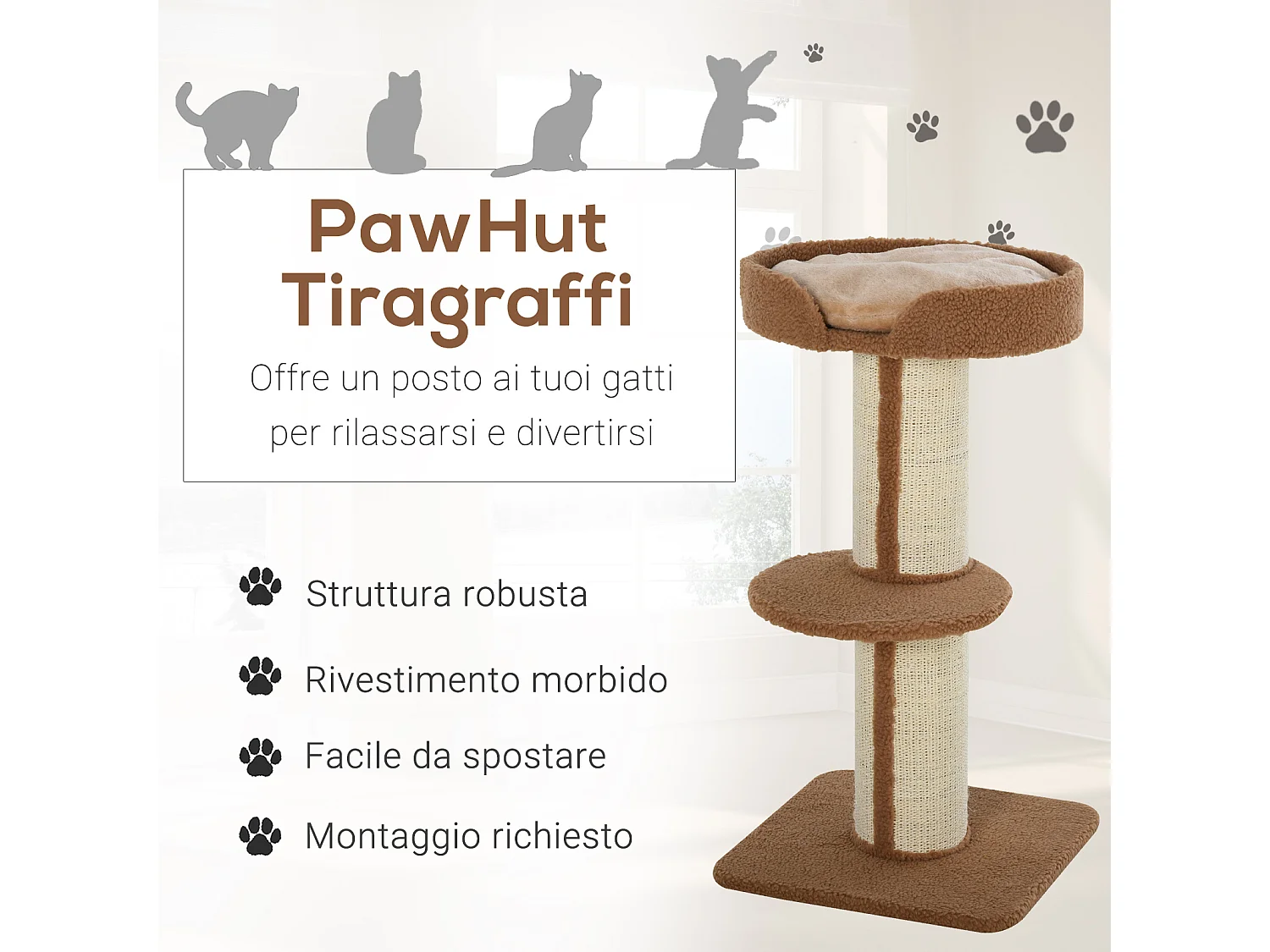 Albero tiragraffi per gatti con cuccia e cuscino rivestimento peluche