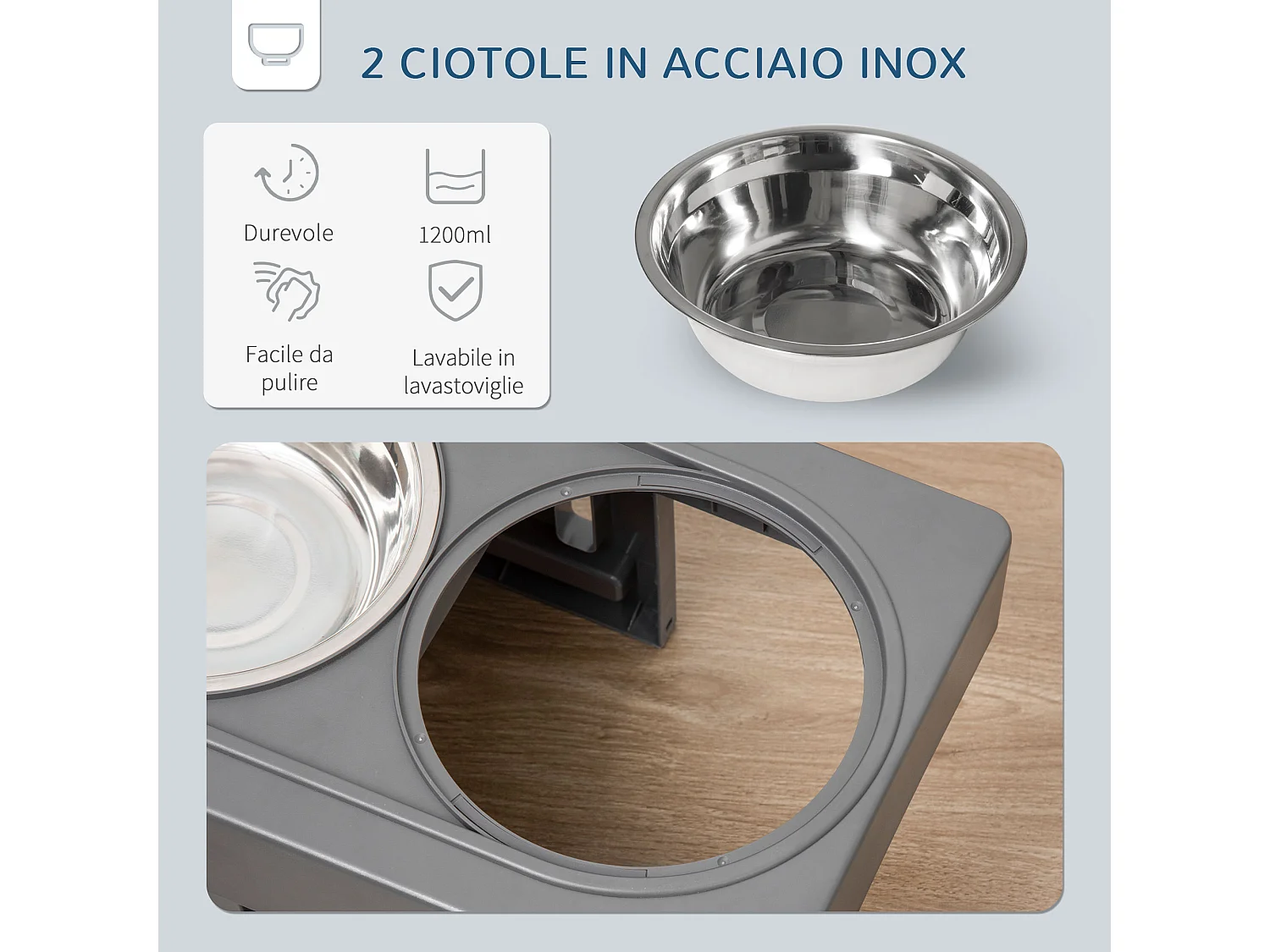 Set 2 ciotole per cani da 1.2l in abs e acciaio con gambe rimovibili