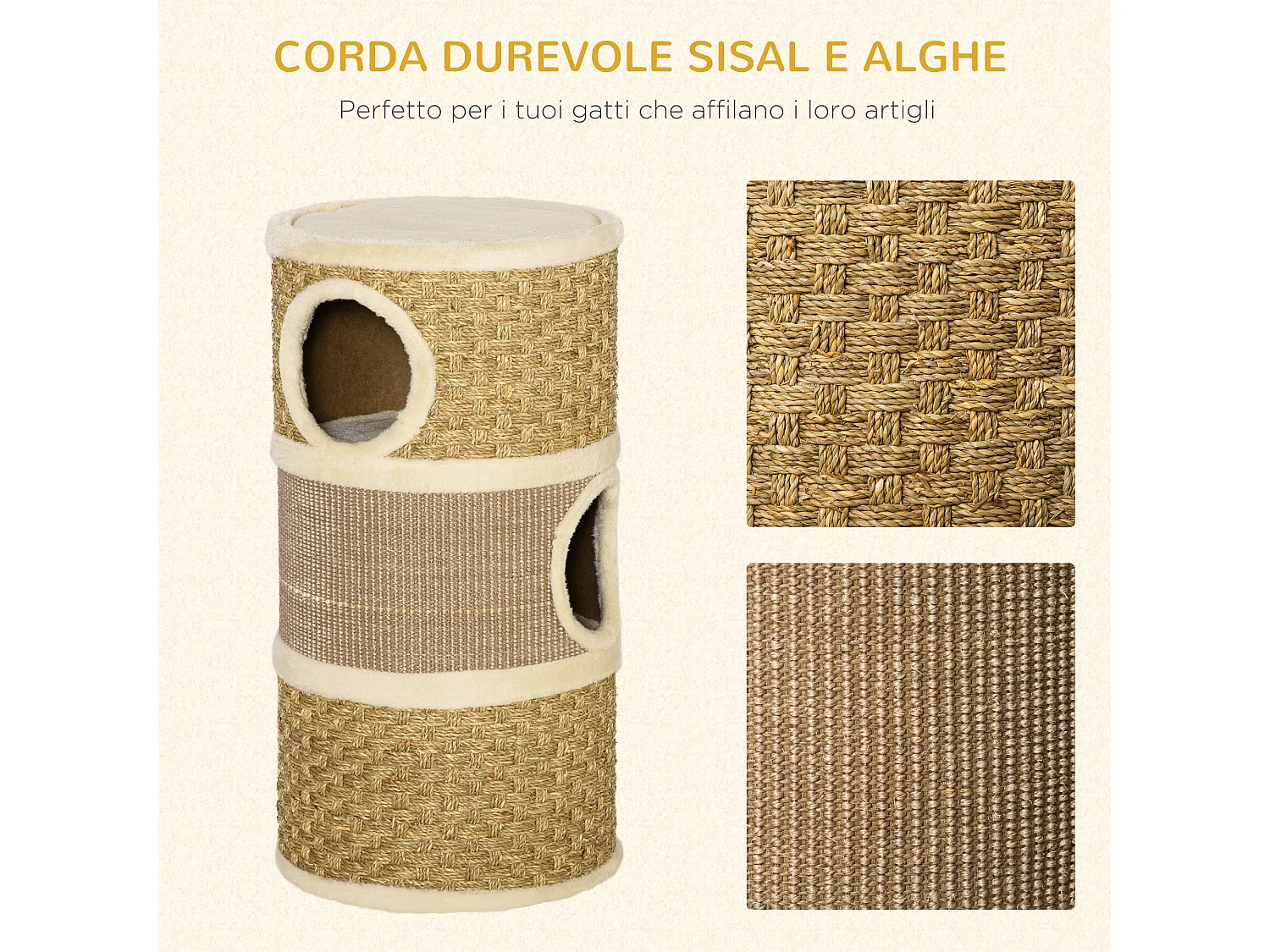 Casetta cuccia per gatti tiragraffi a torre 3 nicchie corda in sisal alga marina