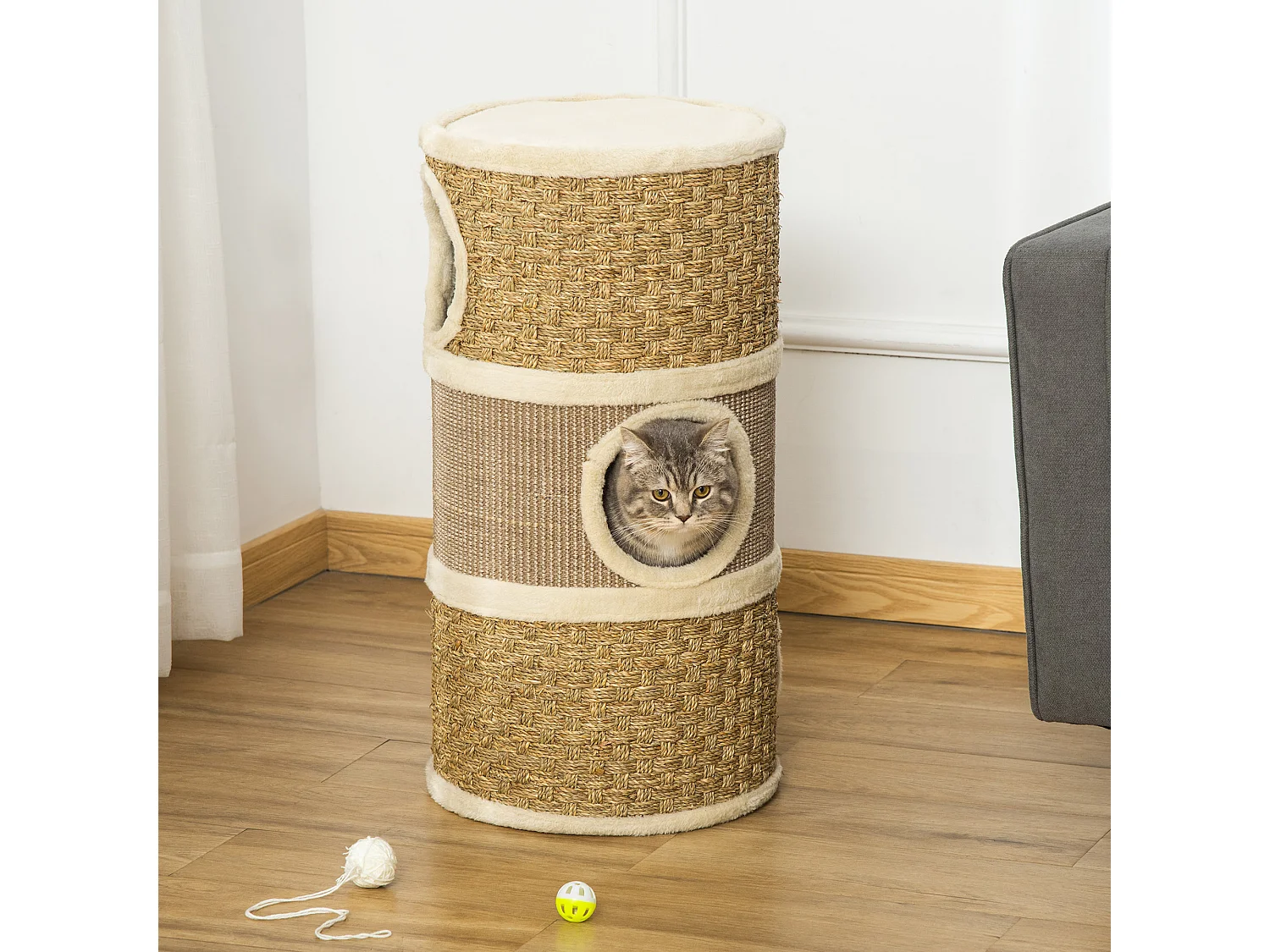 Casetta cuccia per gatti tiragraffi a torre 3 nicchie corda in sisal alga marina