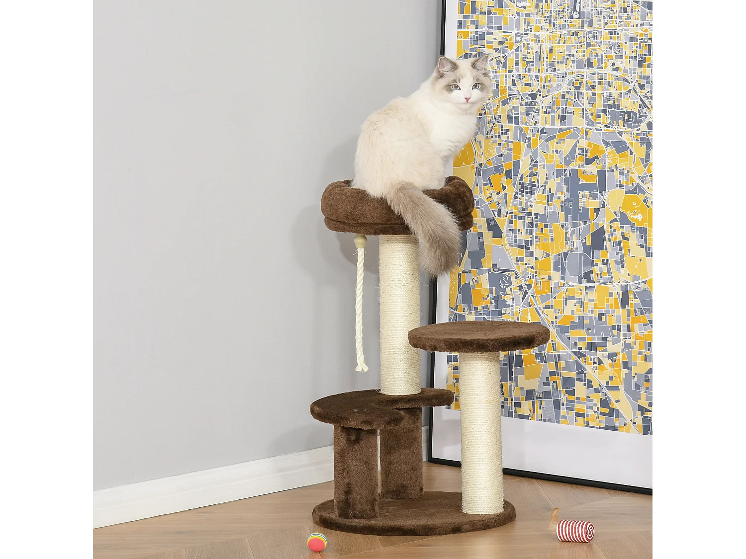 Albero tiragraffi per gatti con lettino in peluche e pali sisal marrone