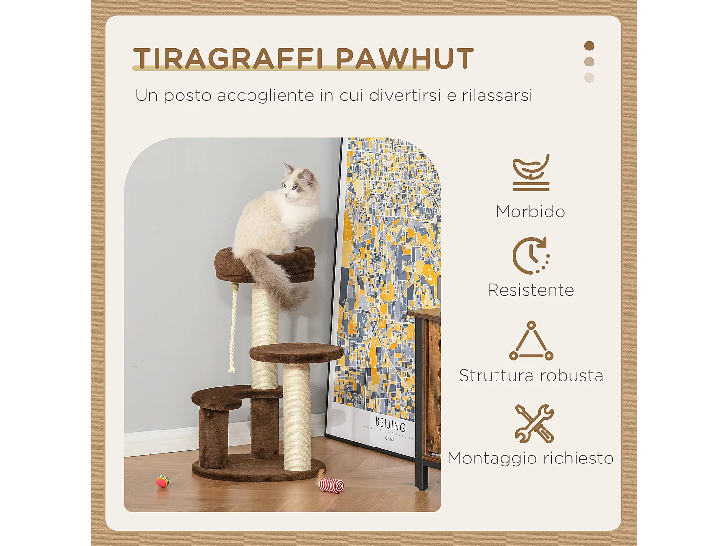 Albero tiragraffi per gatti con lettino in peluche e pali sisal marrone