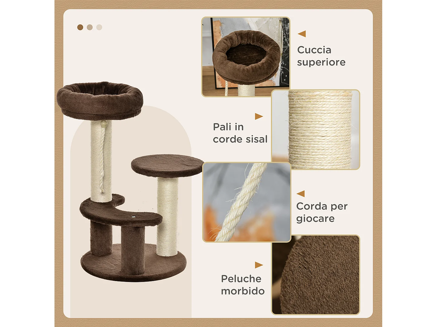 Albero tiragraffi per gatti con lettino in peluche e pali sisal marrone
