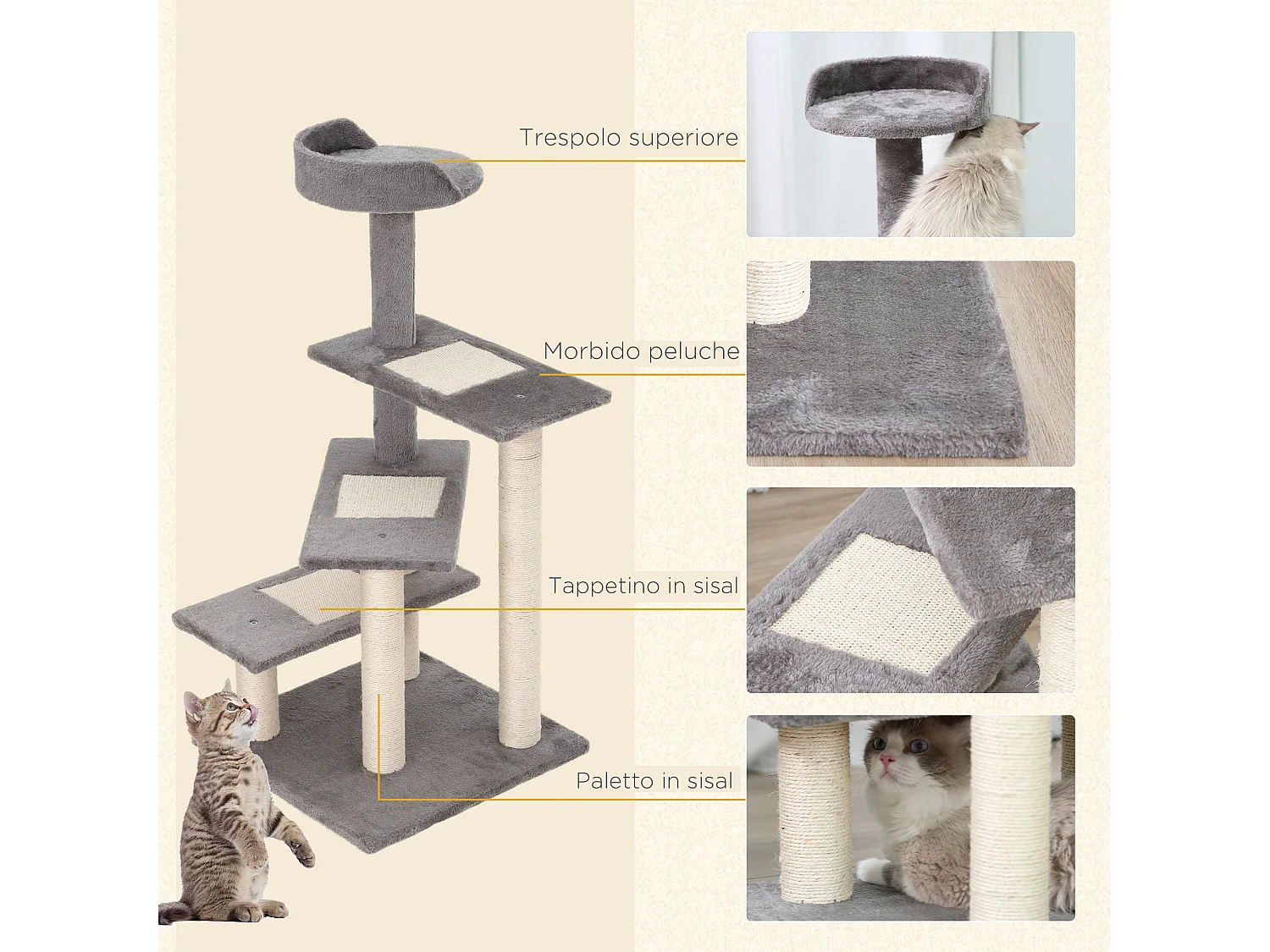 Tiragraffi per gatti con lettino pali sisal e rivestimento peluche grigio
