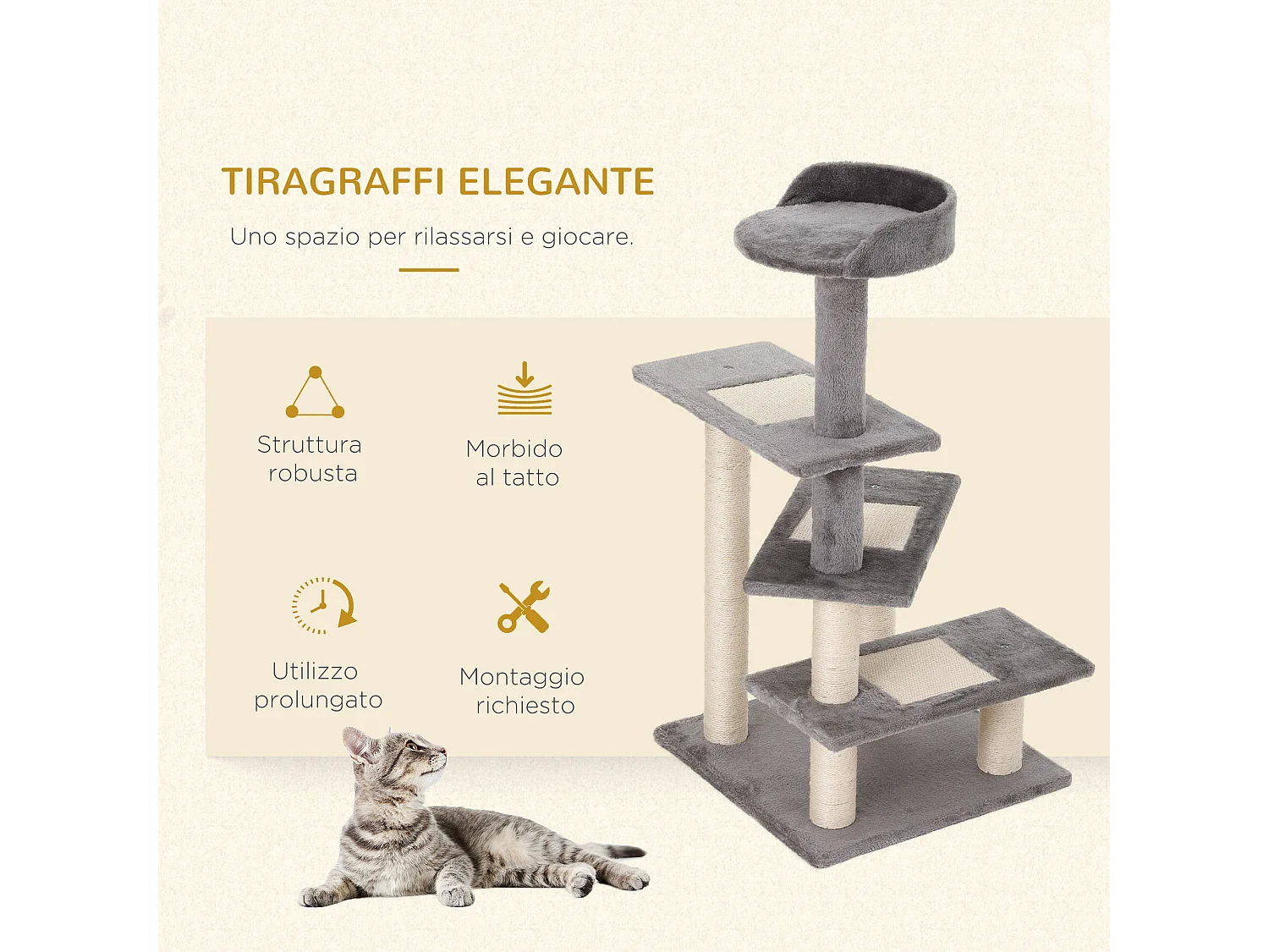 Tiragraffi per gatti con lettino pali sisal e rivestimento peluche grigio