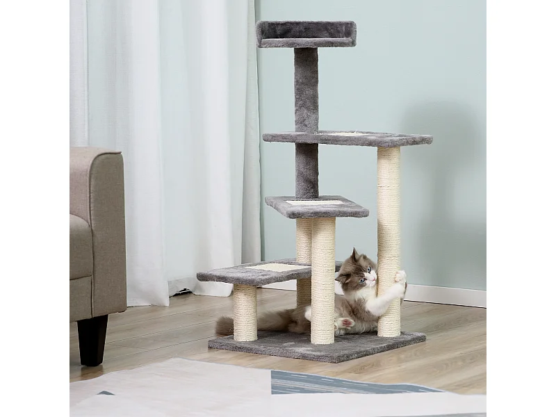 Tiragraffi per gatti con lettino pali sisal e rivestimento peluche grigio