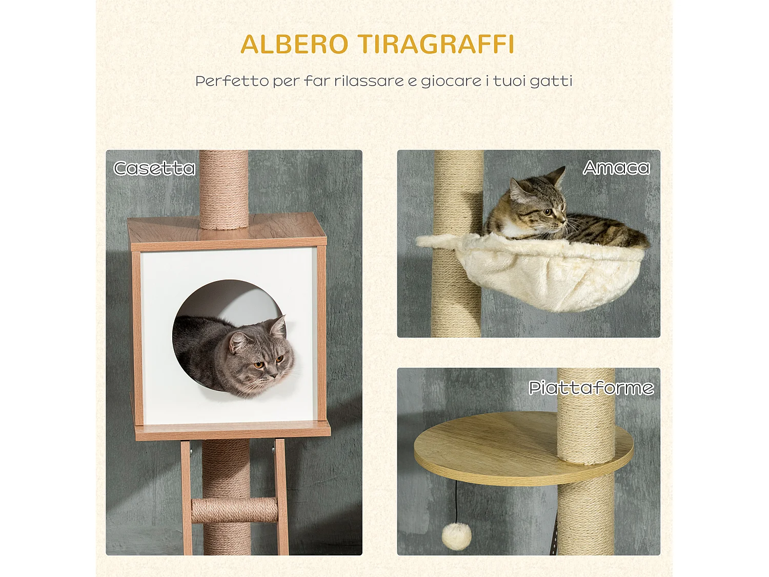 Albero per gatti altezza regolabile con tiragraffi amaca casetta pallina