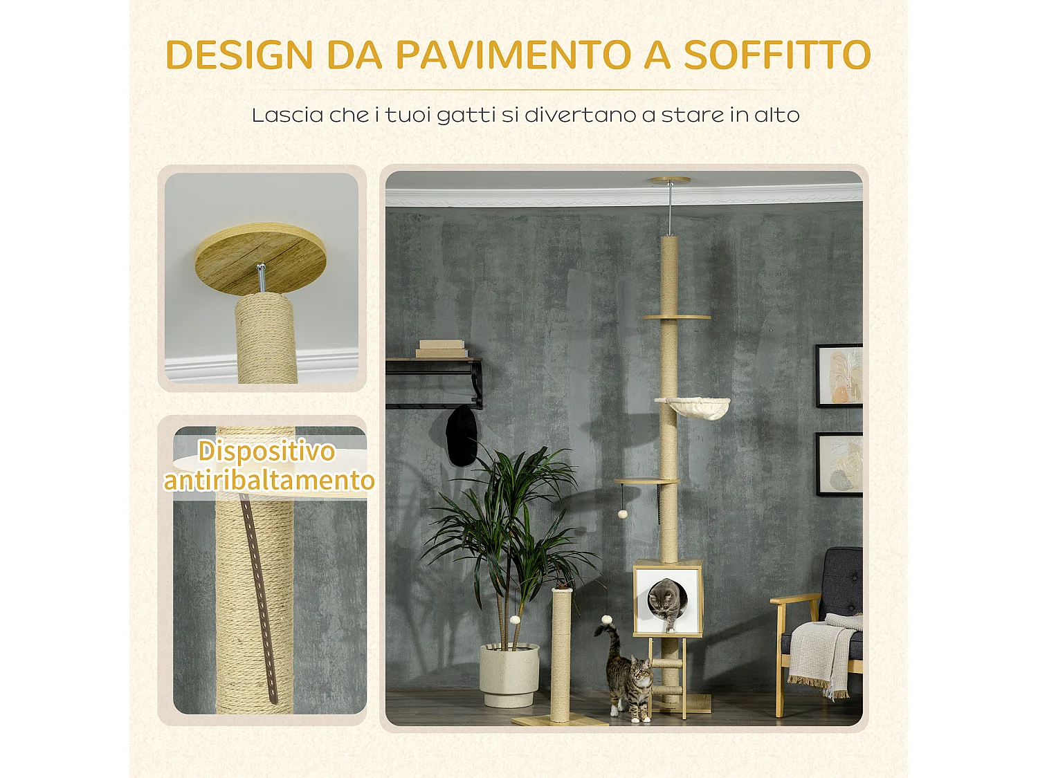 Albero per gatti altezza regolabile con tiragraffi amaca casetta pallina
