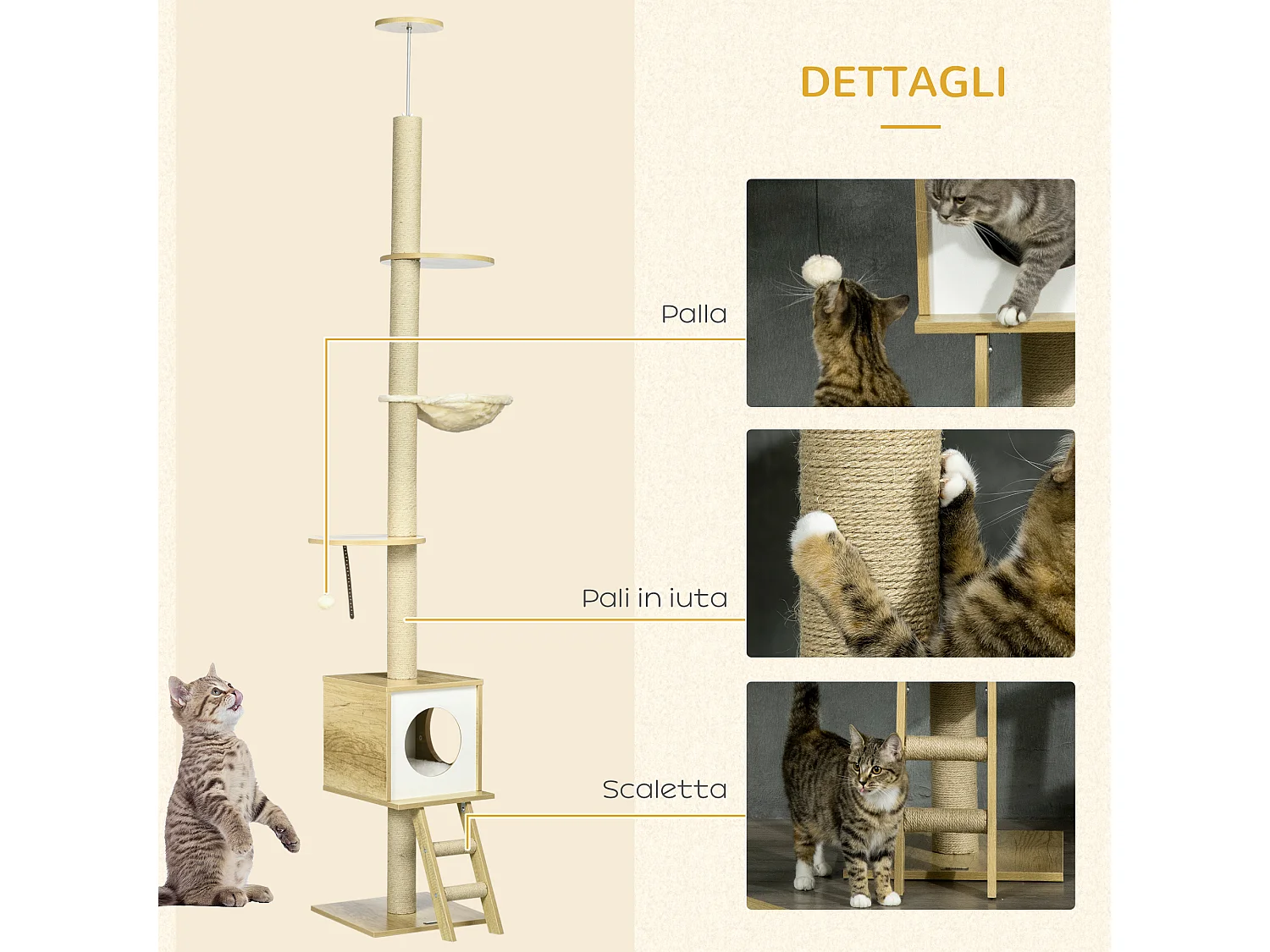 Albero per gatti altezza regolabile con tiragraffi amaca casetta pallina