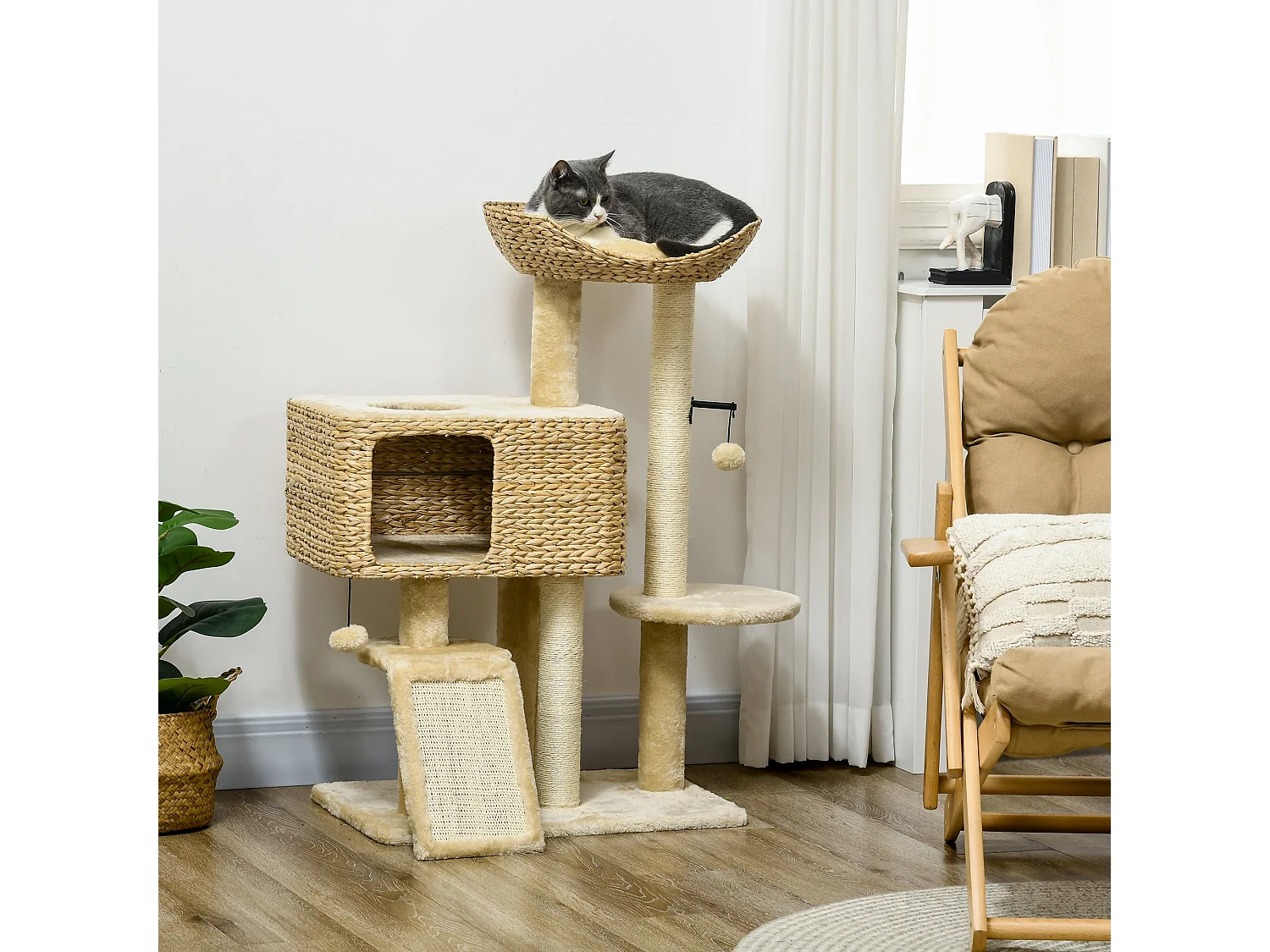 Albero tiragraffi per gatti con casetta trespolo e pallina da gioco