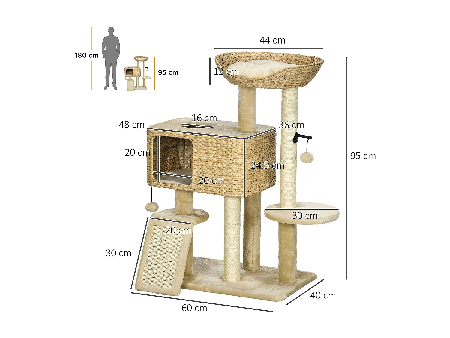 Albero tiragraffi per gatti con casetta trespolo e pallina da gioco
