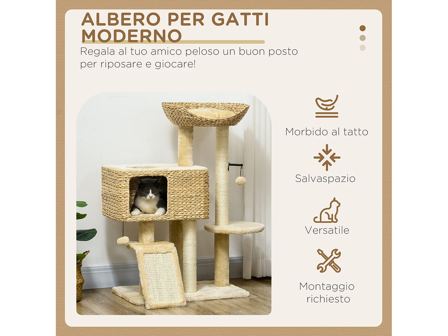 Albero tiragraffi per gatti con casetta trespolo e pallina da gioco