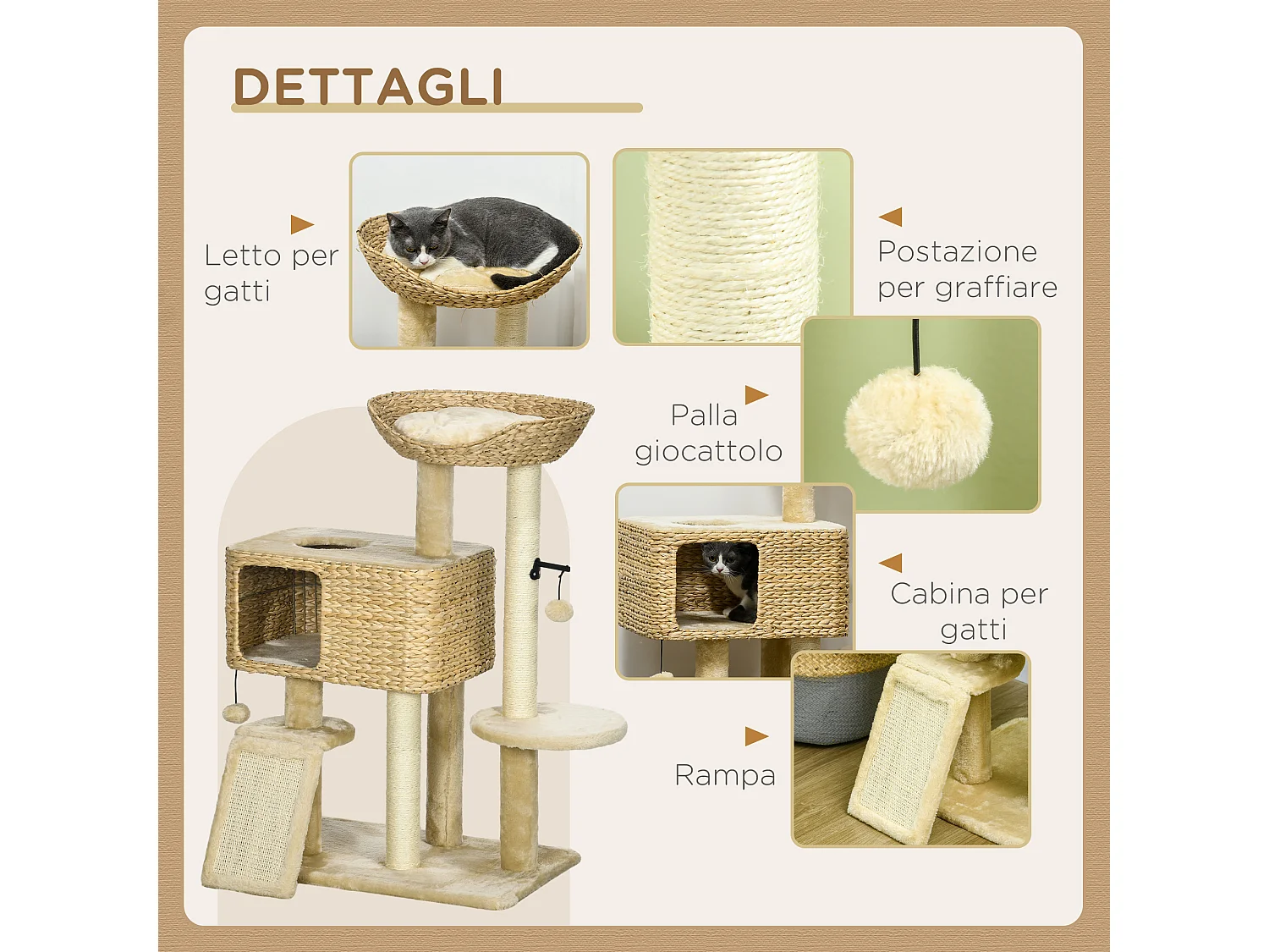 Albero tiragraffi per gatti con casetta trespolo e pallina da gioco