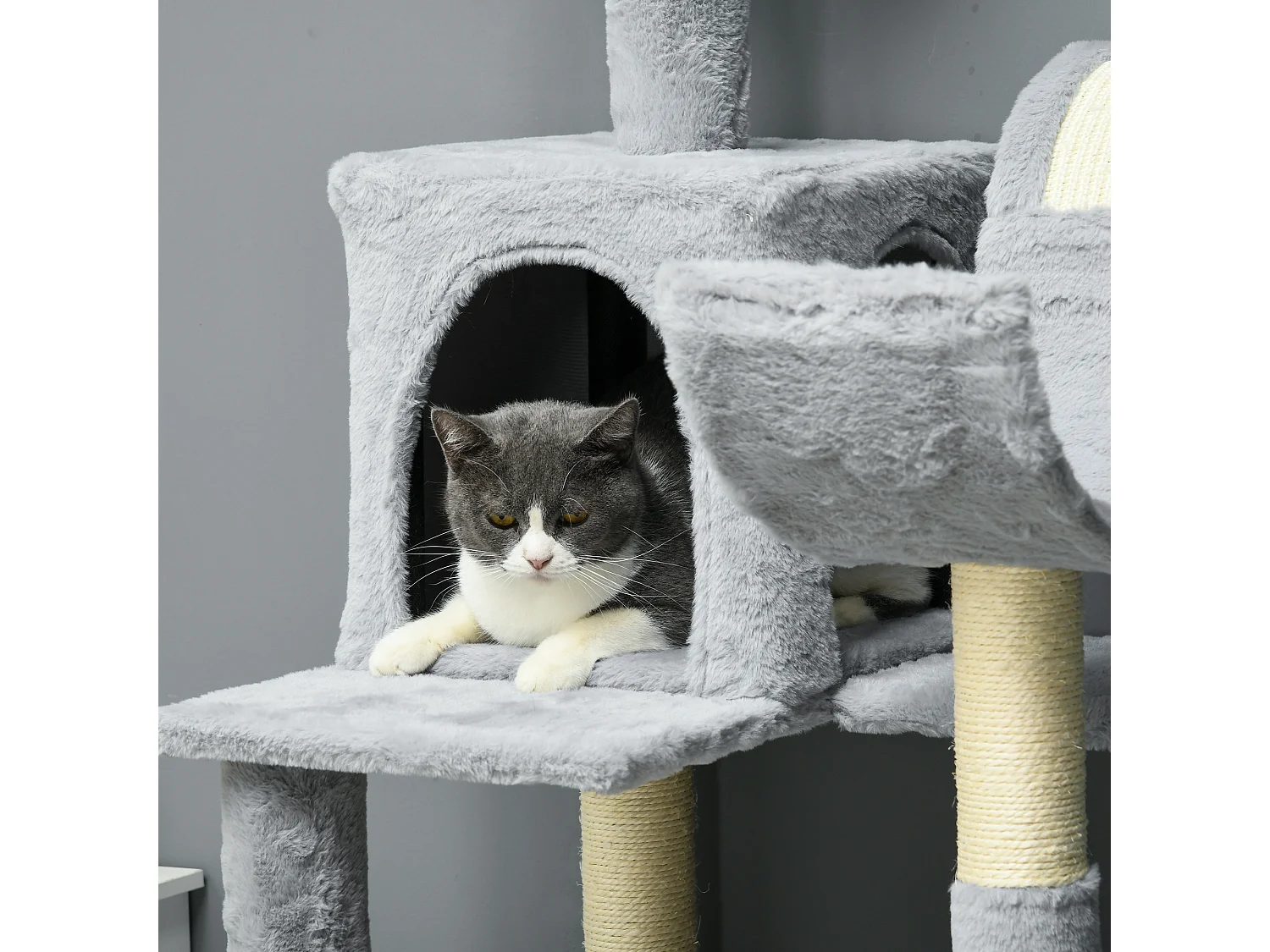 Albero per gatti con amaca lettino casette e posatoi grigio e bianco