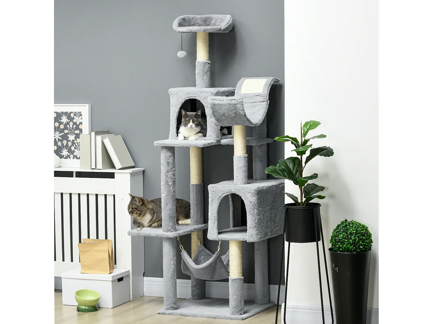 Albero per gatti con amaca lettino casette e posatoi grigio e bianco