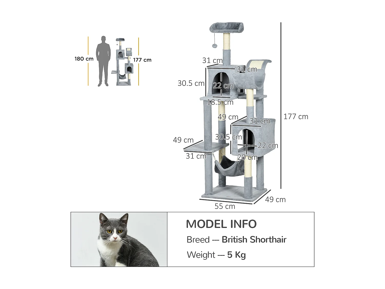 Albero per gatti con amaca lettino casette e posatoi grigio e bianco