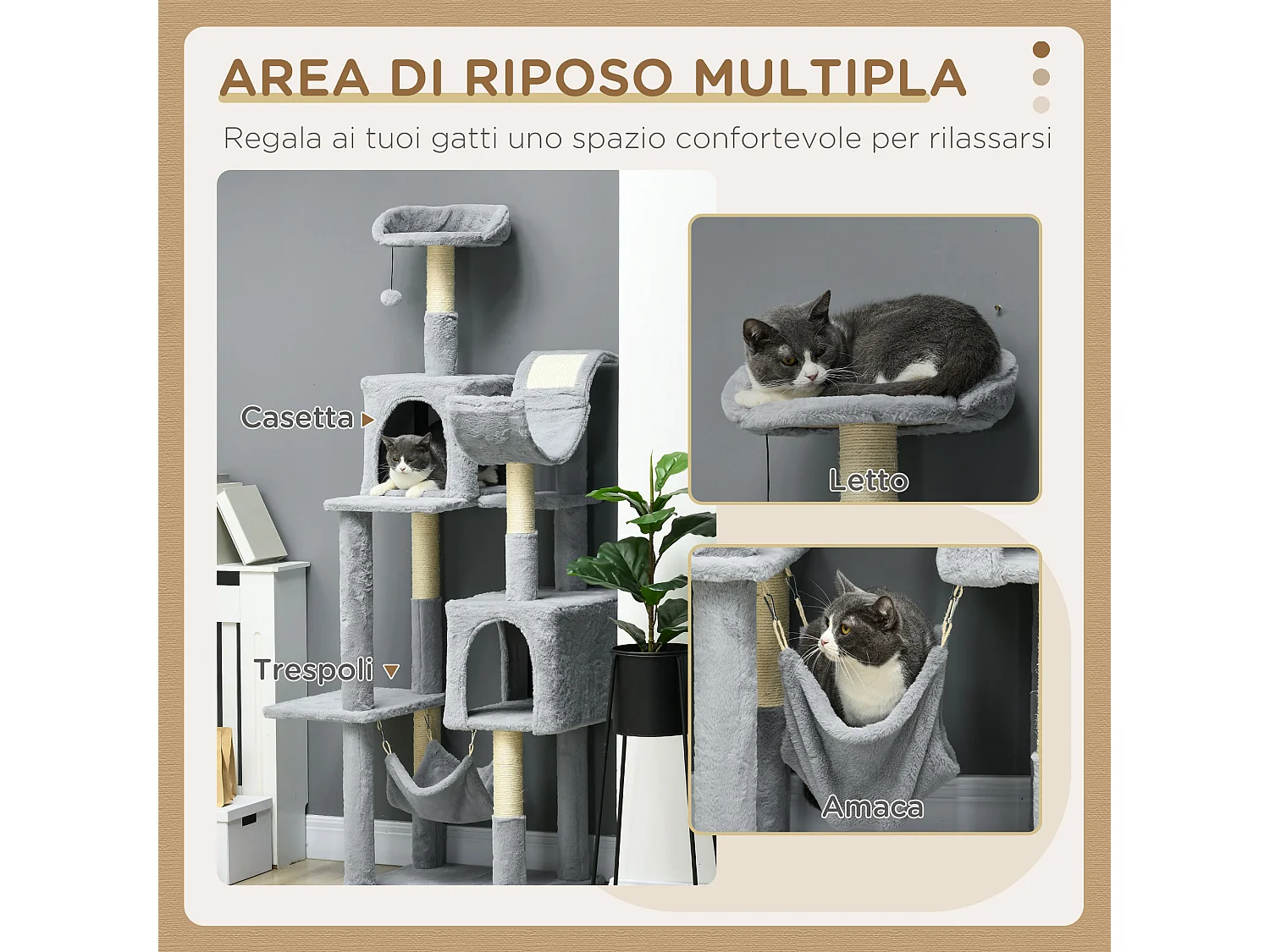 Albero per gatti con amaca lettino casette e posatoi grigio e bianco