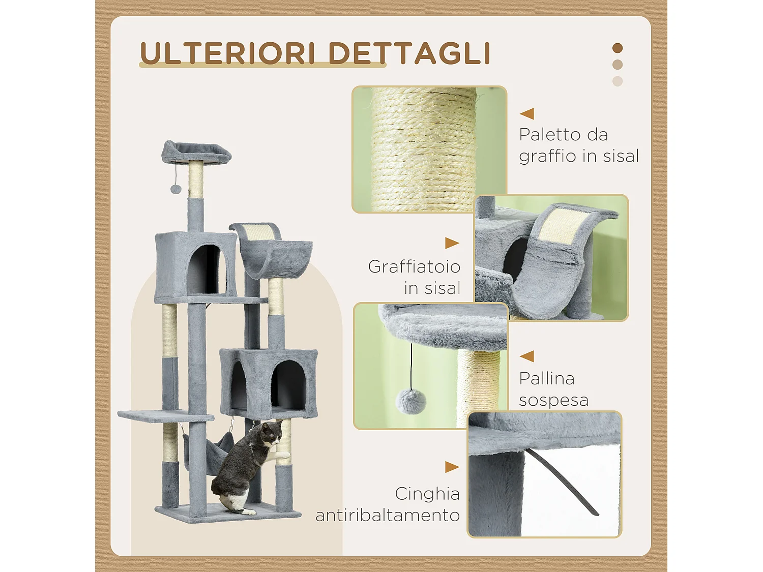 Albero per gatti con amaca lettino casette e posatoi grigio e bianco