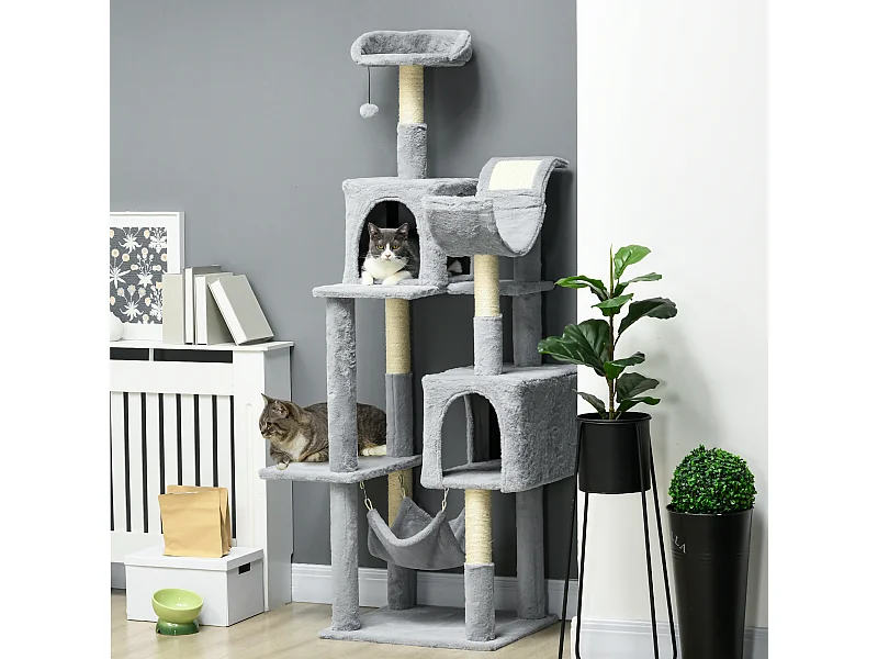 Albero per gatti con amaca lettino casette e posatoi grigio e bianco