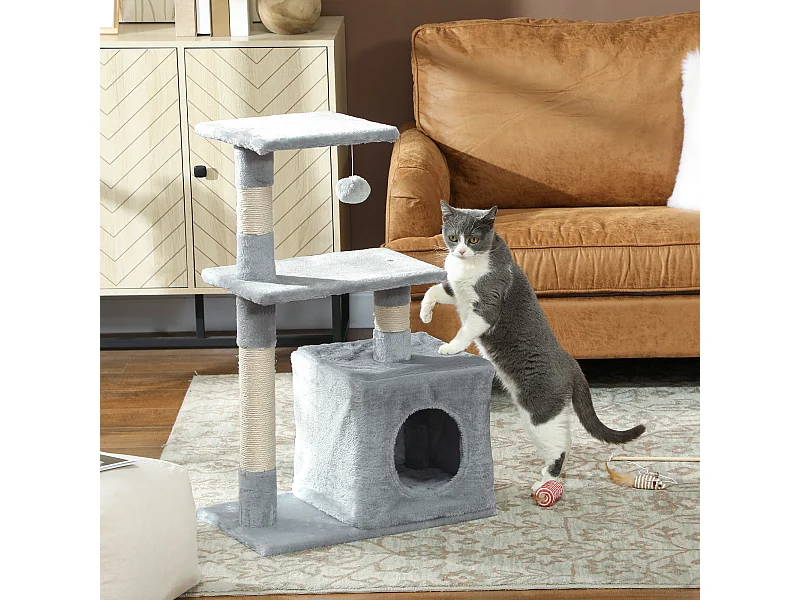 Tiragraffi per gatti con casetta, 2 piattaforme e pallina grigio