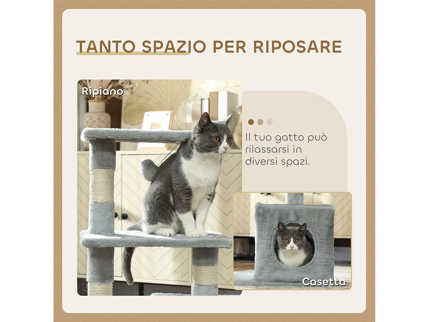 Tiragraffi per gatti con casetta, 2 piattaforme e pallina grigio