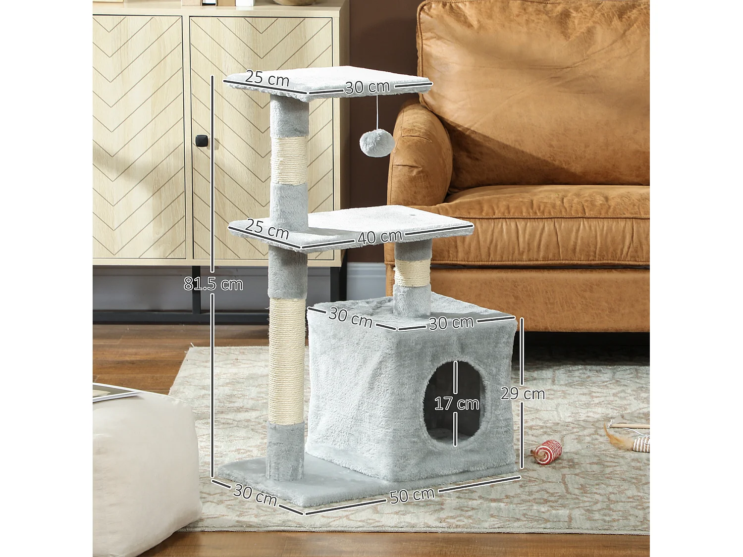 Tiragraffi per gatti con casetta, 2 piattaforme e pallina grigio