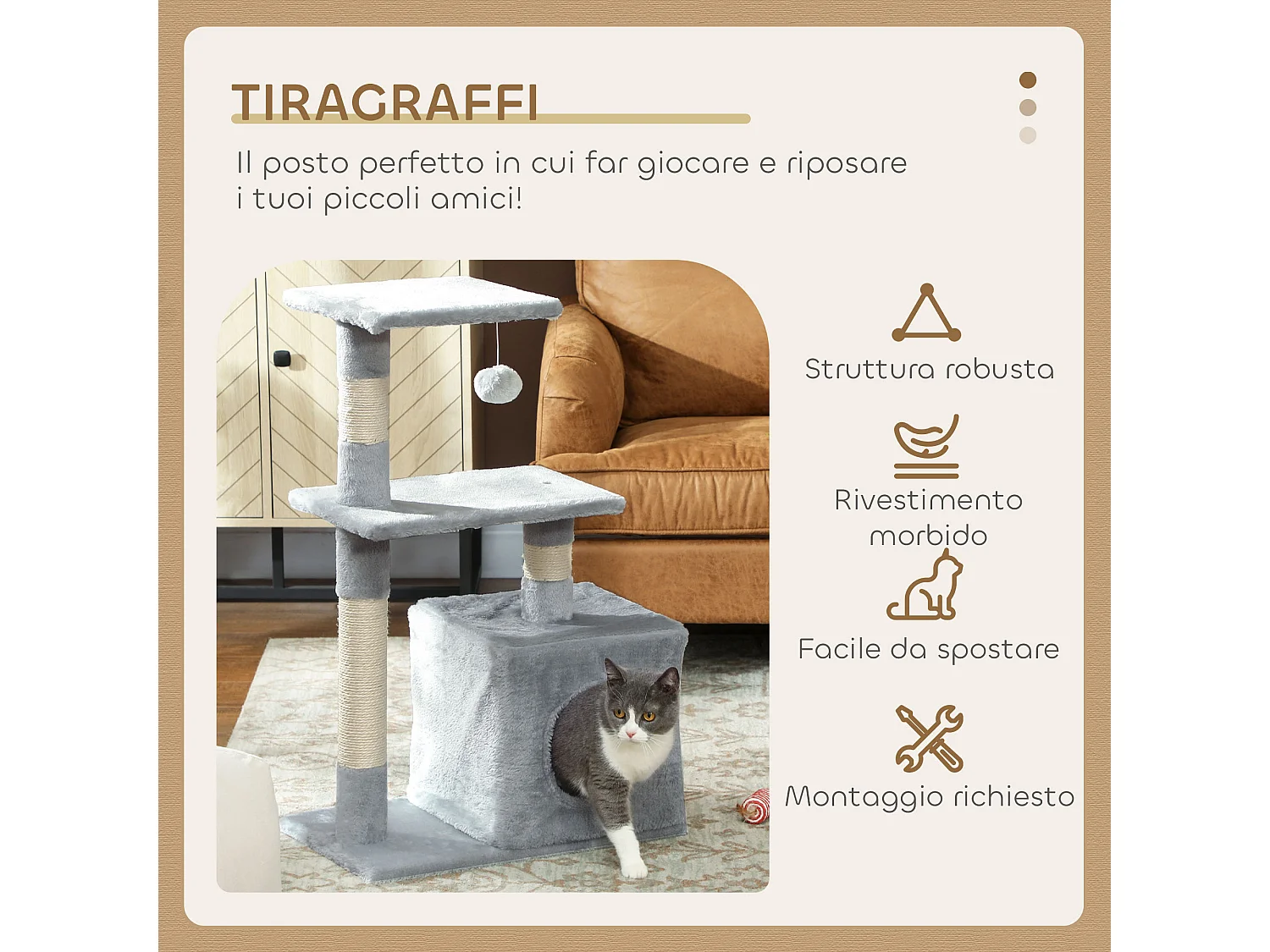 Tiragraffi per gatti con casetta, 2 piattaforme e pallina grigio