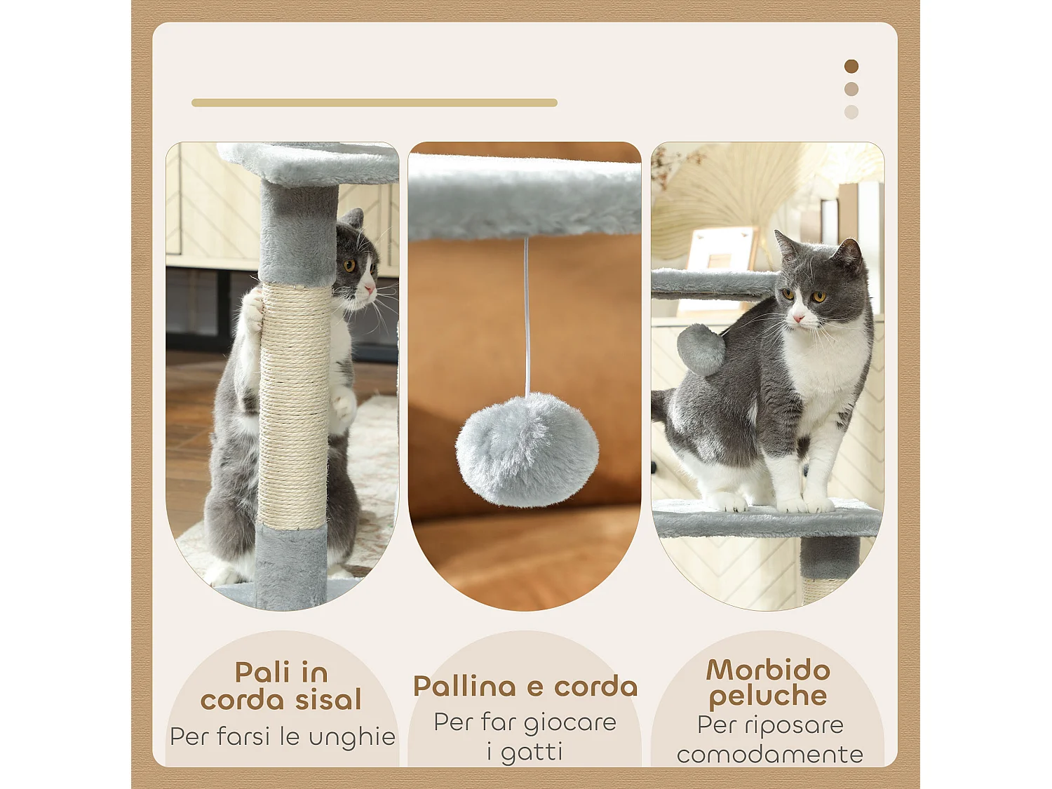 Tiragraffi per gatti con casetta, 2 piattaforme e pallina grigio