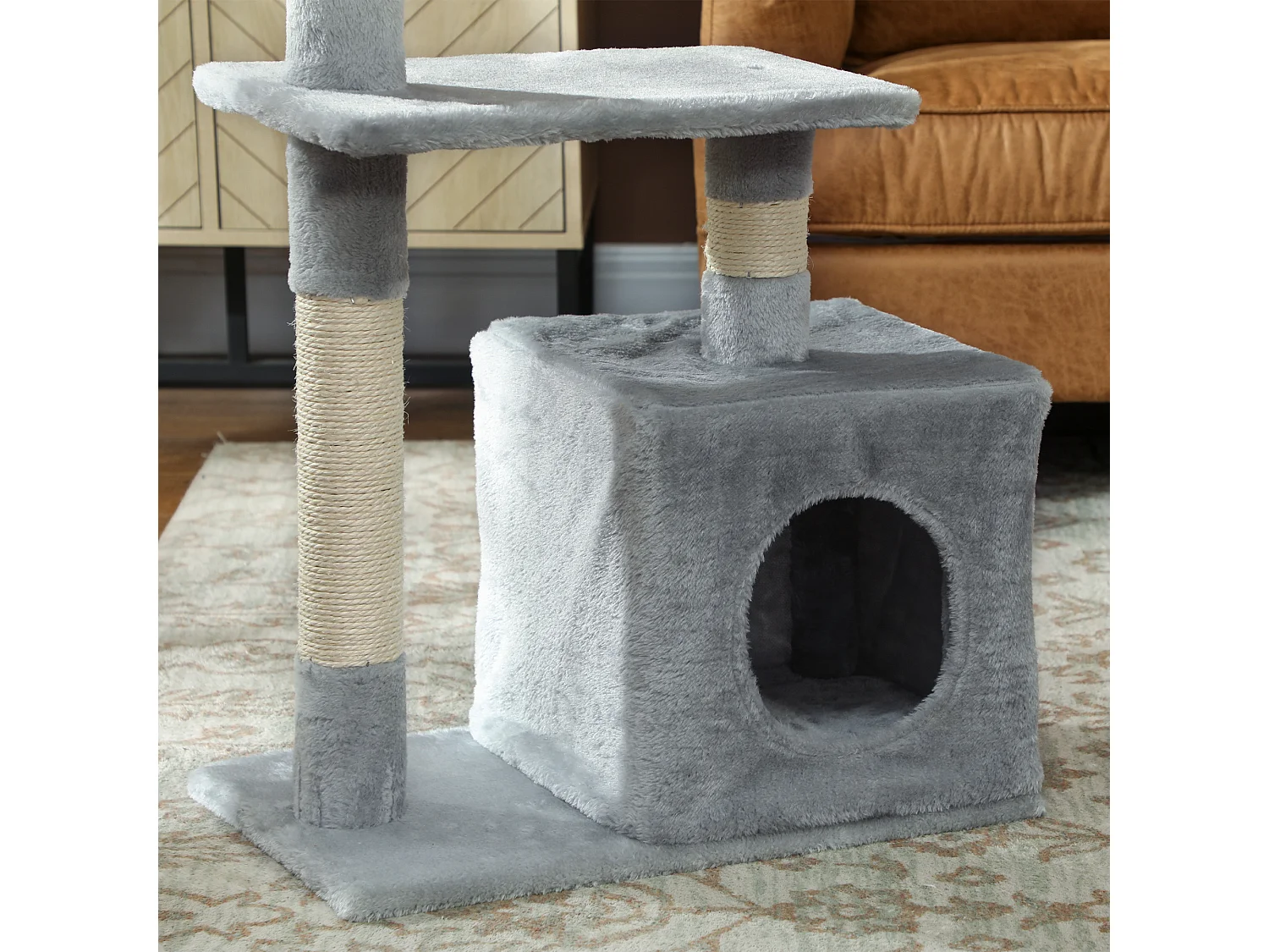 Tiragraffi per gatti con casetta, 2 piattaforme e pallina grigio