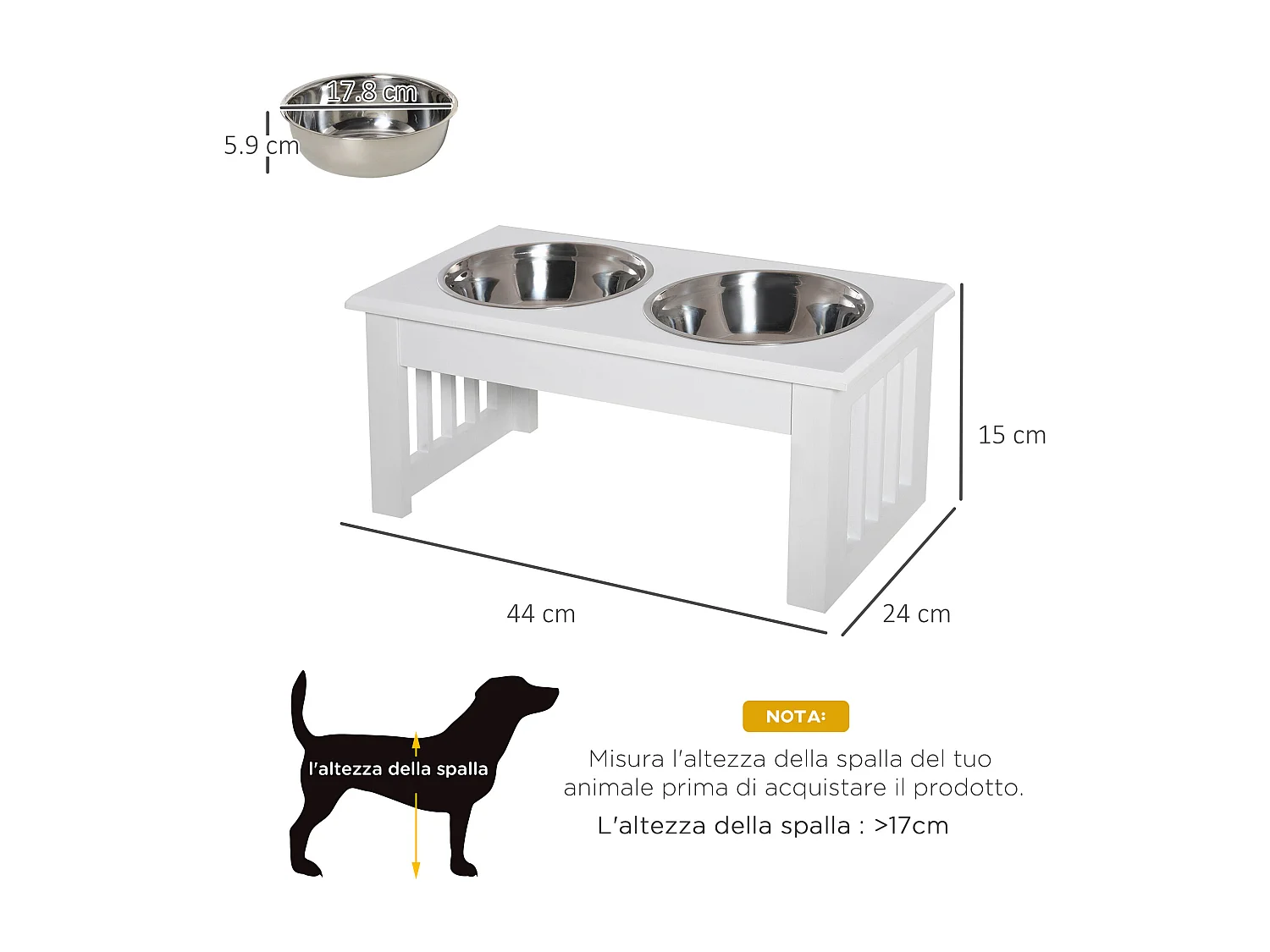 Ciotola rialzata per cani in acciaio inossidabile 2 piatti 44x24x15cm