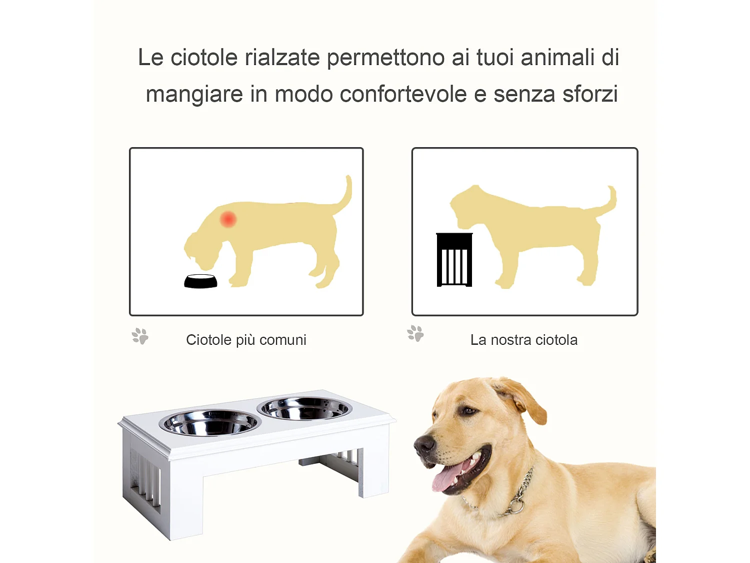 Ciotola rialzata per cani in acciaio inossidabile 2 piatti 44x24x15cm