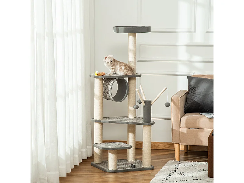 Albero tiragraffi per gatti 130cm lettino tunnel pali in sisal e palline