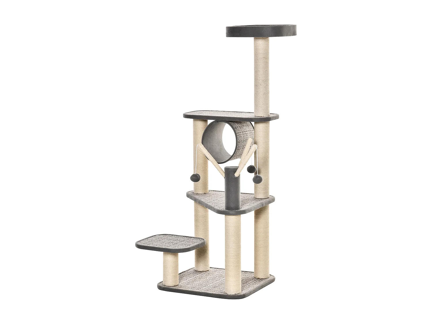 Albero tiragraffi per gatti 130cm lettino tunnel pali in sisal e palline