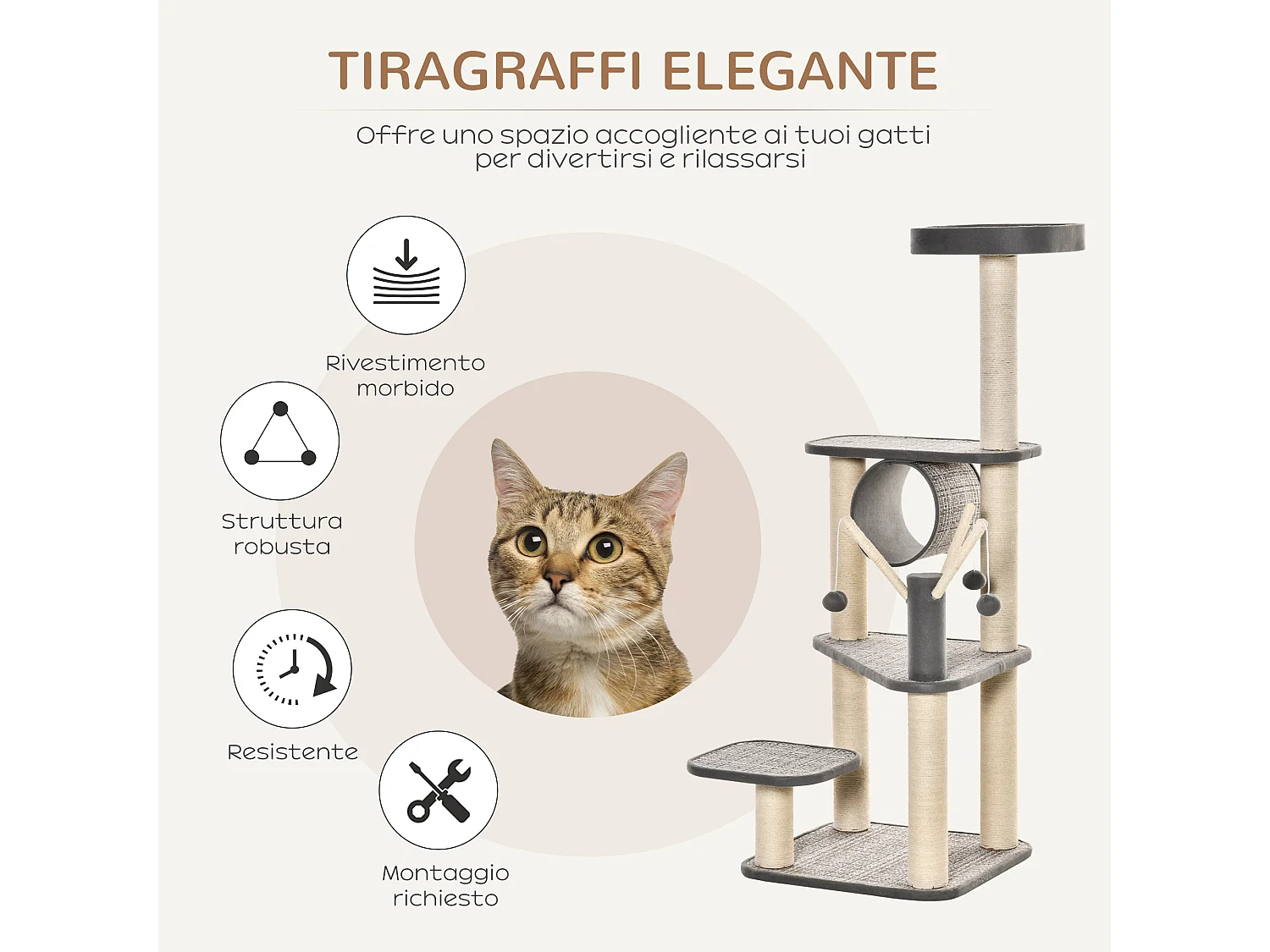 Albero tiragraffi per gatti 130cm lettino tunnel pali in sisal e palline