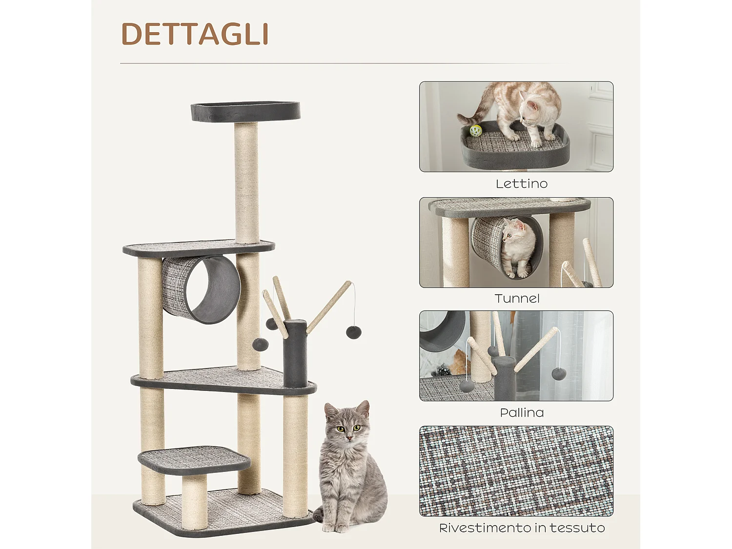 Albero tiragraffi per gatti 130cm lettino tunnel pali in sisal e palline