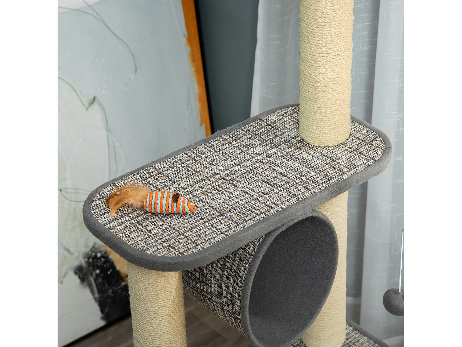 Albero tiragraffi per gatti 130cm lettino tunnel pali in sisal e palline