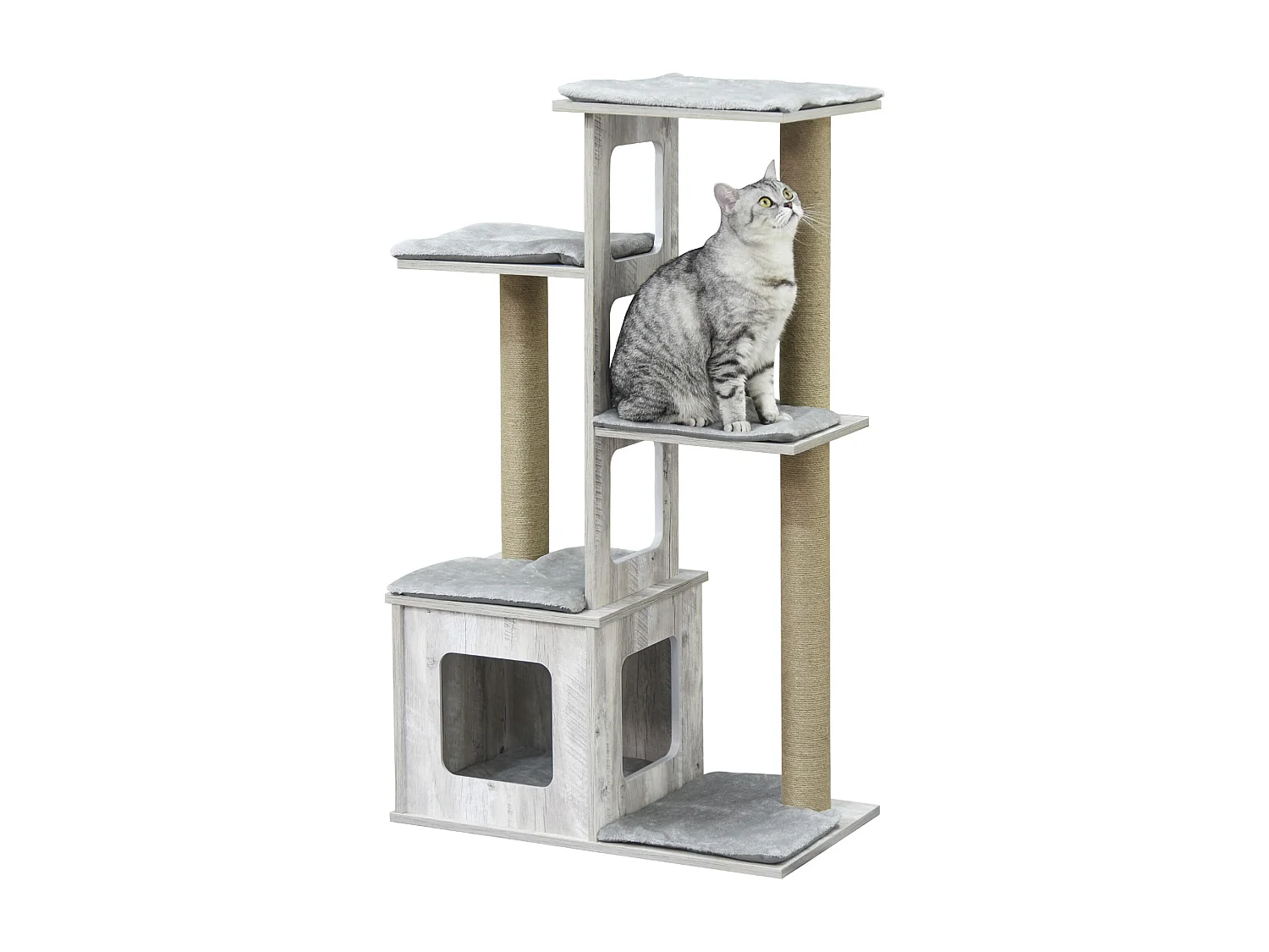 Albero tiragraffi per gatti multi-livello, cuccia e corde in iuta, grigio
