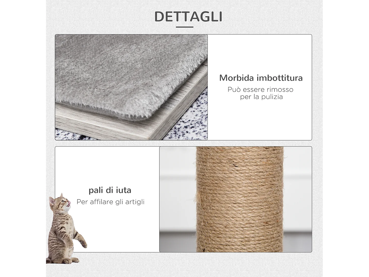Albero tiragraffi per gatti multi-livello, cuccia e corde in iuta, grigio