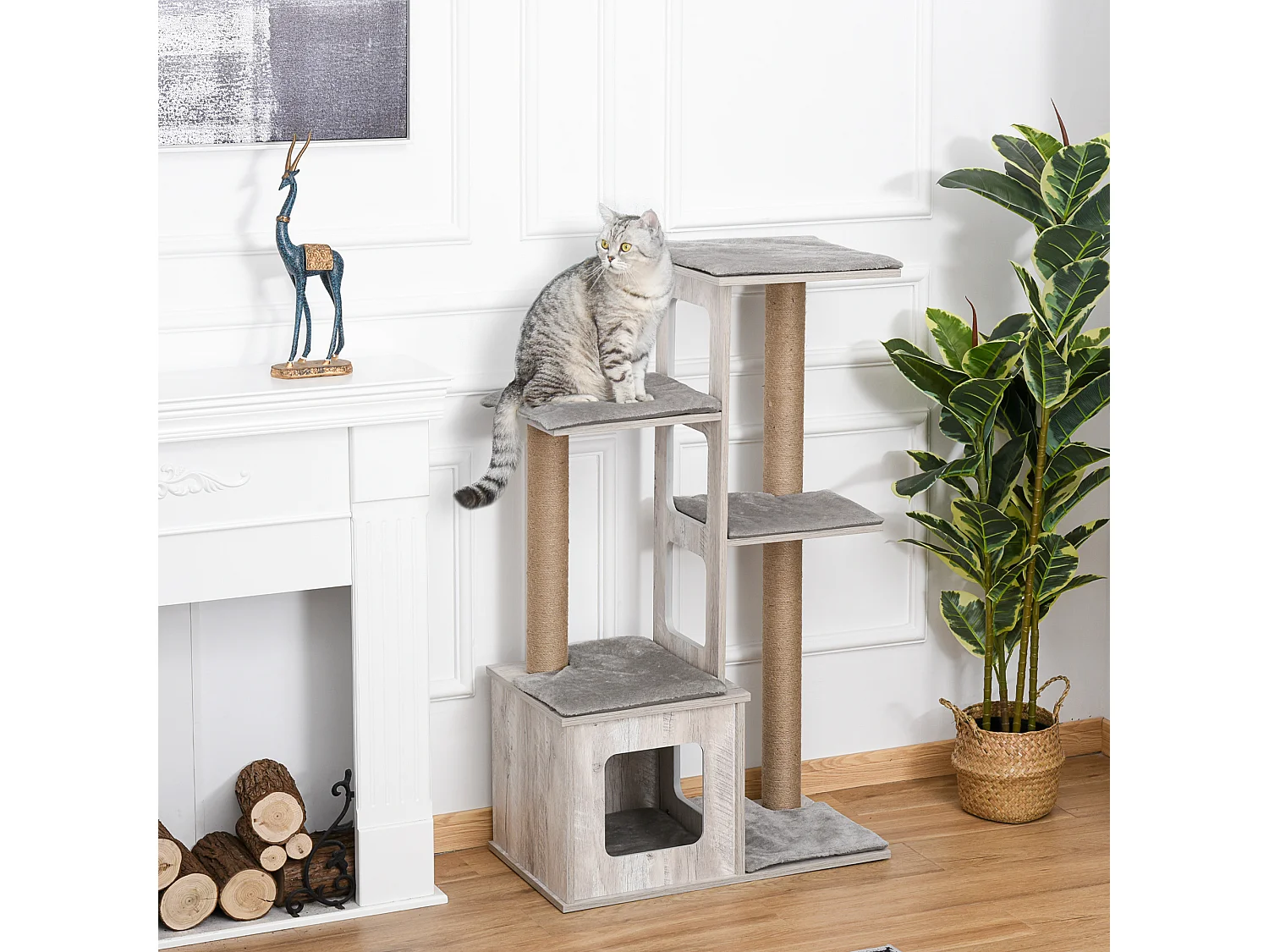 Albero tiragraffi per gatti multi-livello, cuccia e corde in iuta, grigio