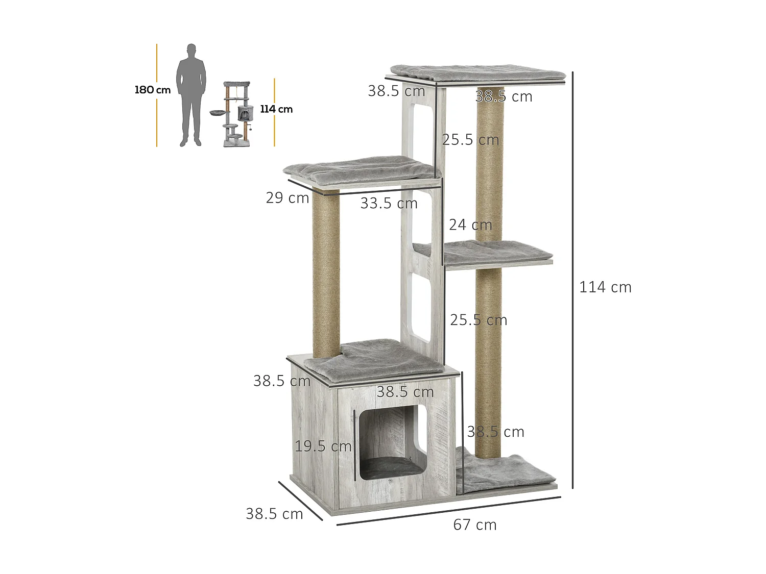 Albero tiragraffi per gatti multi-livello, cuccia e corde in iuta, grigio