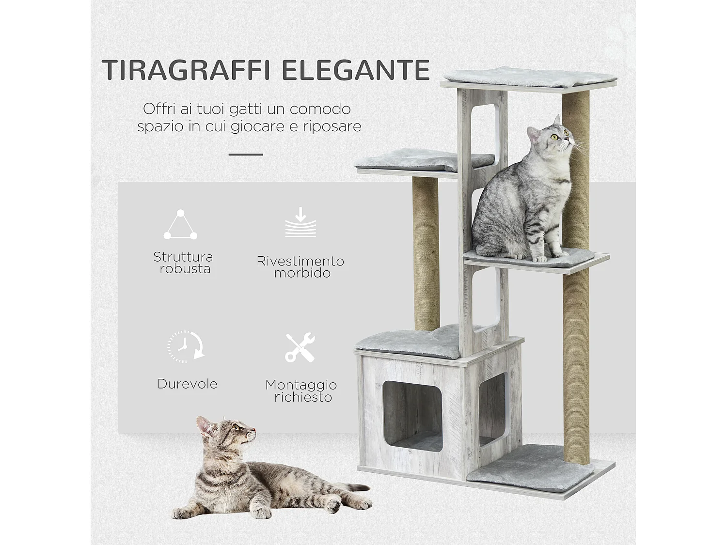 Albero tiragraffi per gatti multi-livello, cuccia e corde in iuta, grigio