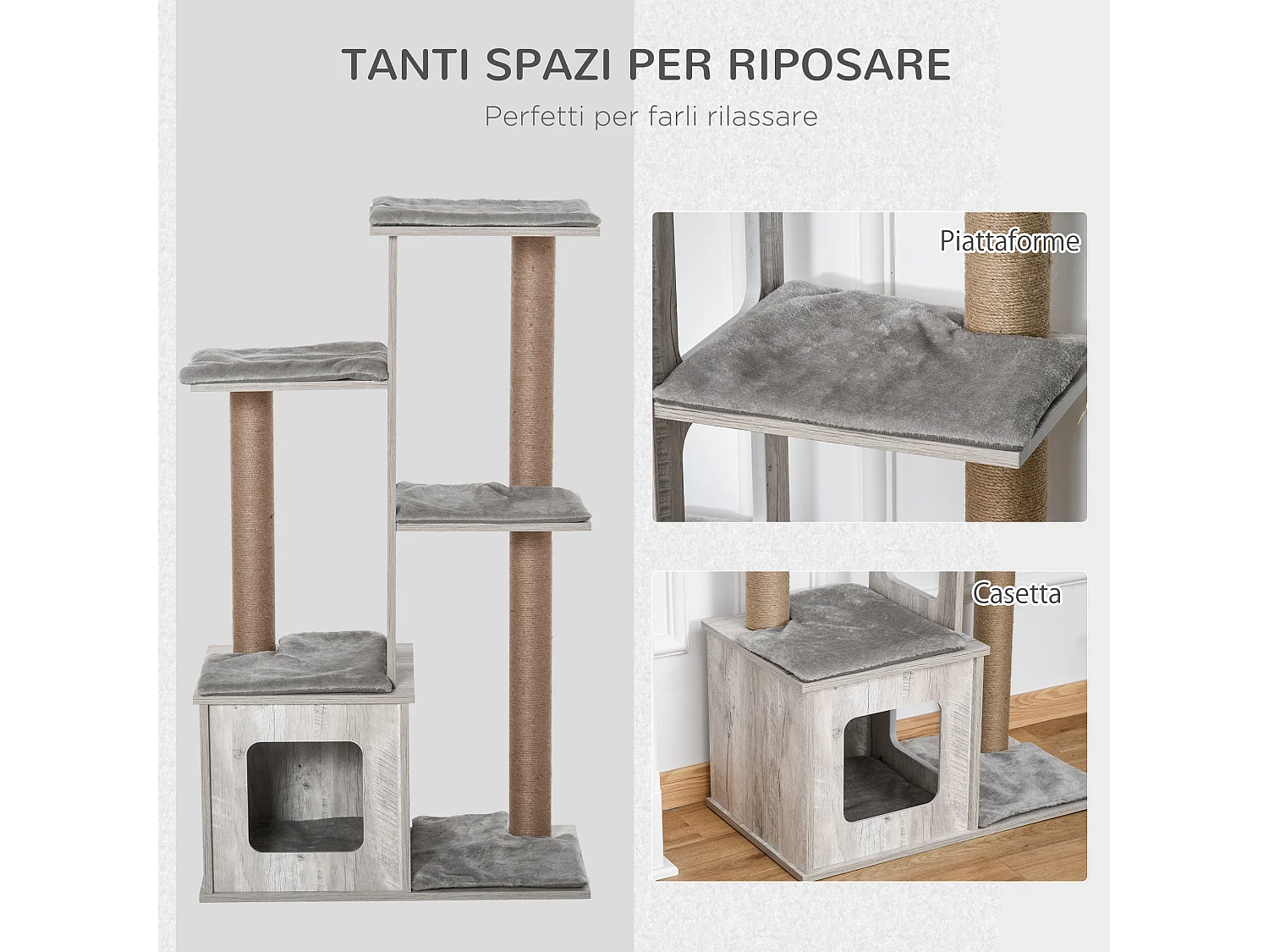 Albero tiragraffi per gatti multi-livello, cuccia e corde in iuta, grigio