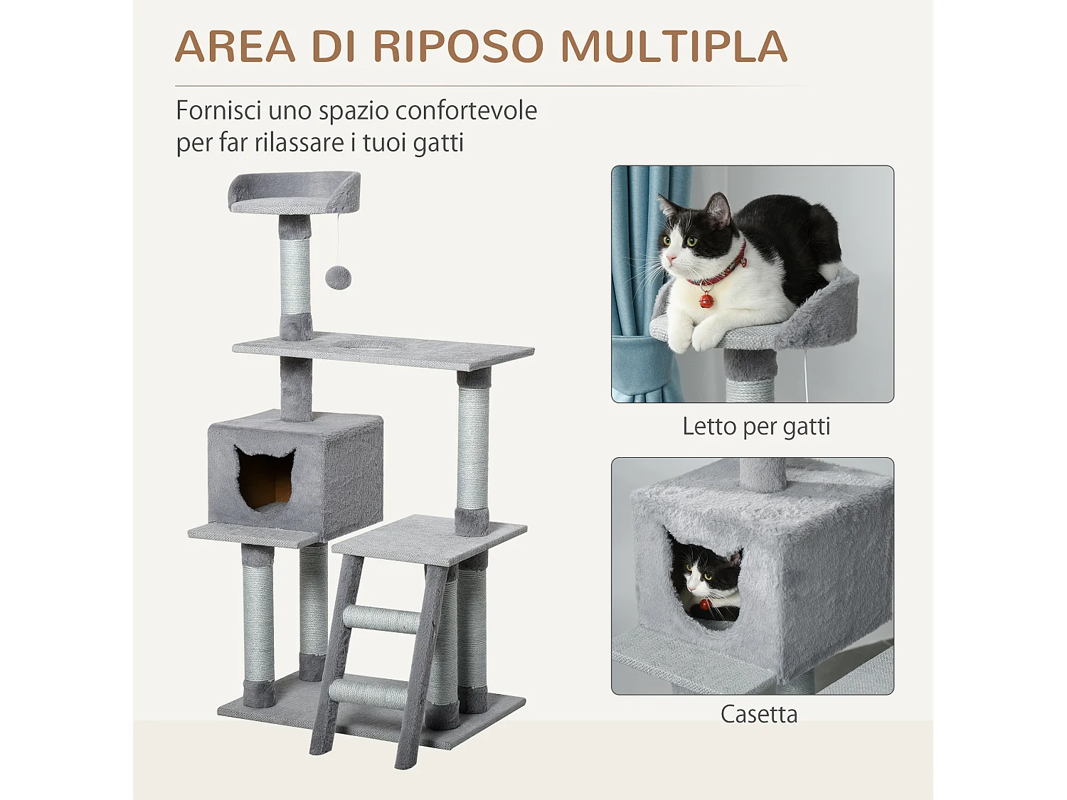 Palestra per gatti multilivello con casetta e tiragraffi corda di juta