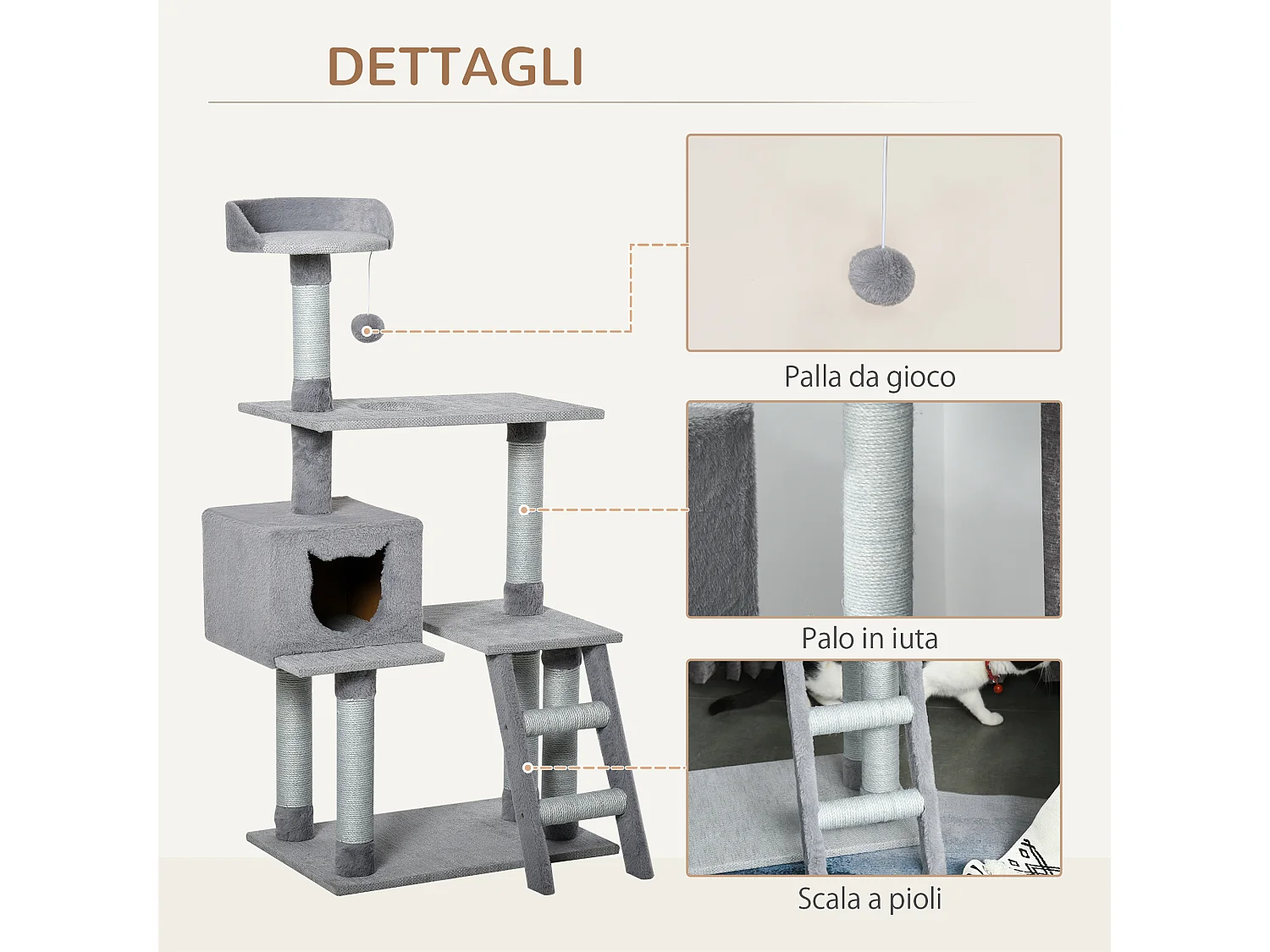 Palestra per gatti multilivello con casetta e tiragraffi corda di juta