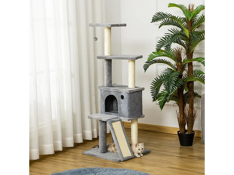 Albero tiragraffi multilivello con casetta, scala e pali in sisal grigio