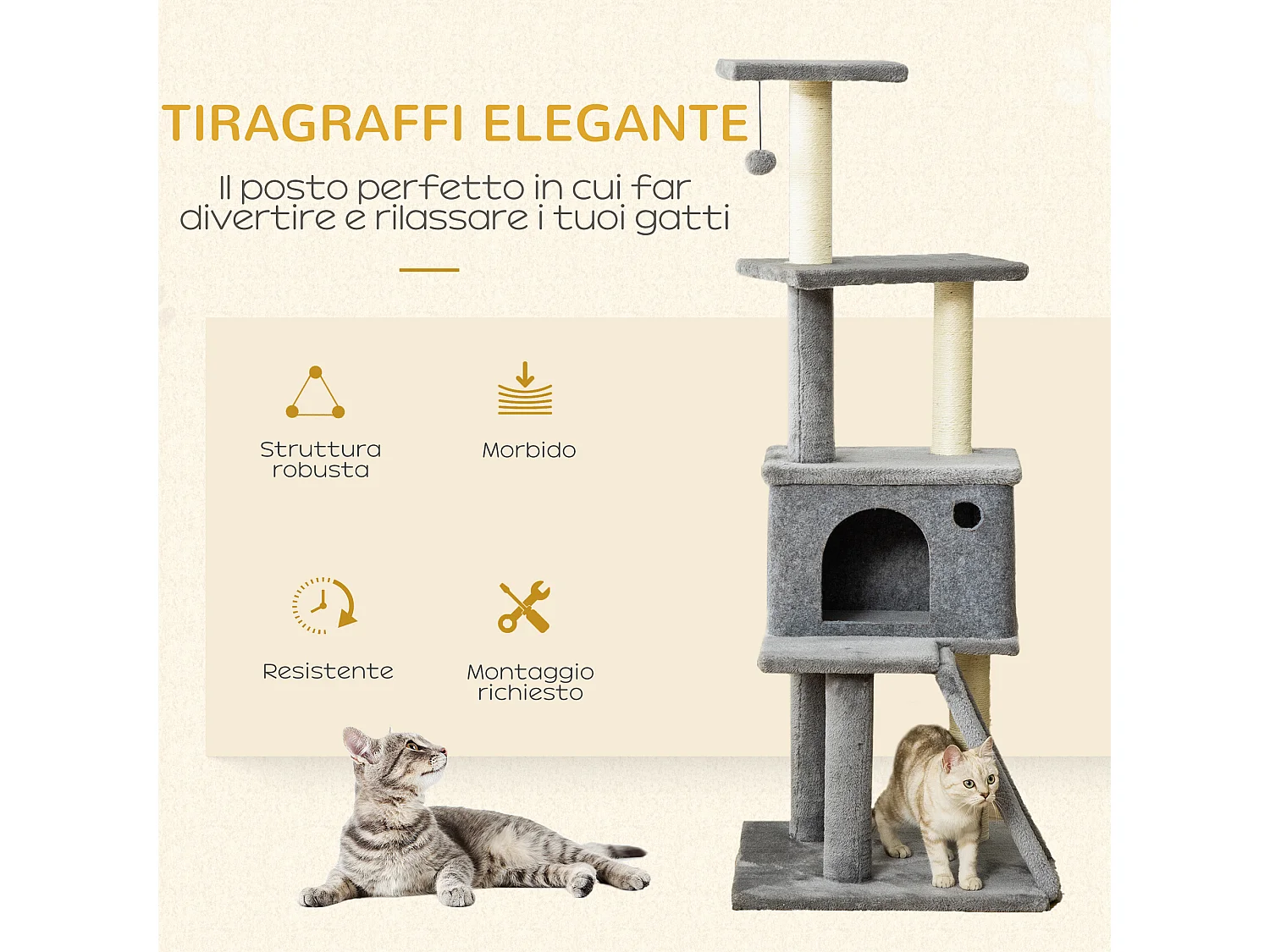 Albero tiragraffi multilivello con casetta, scala e pali in sisal grigio