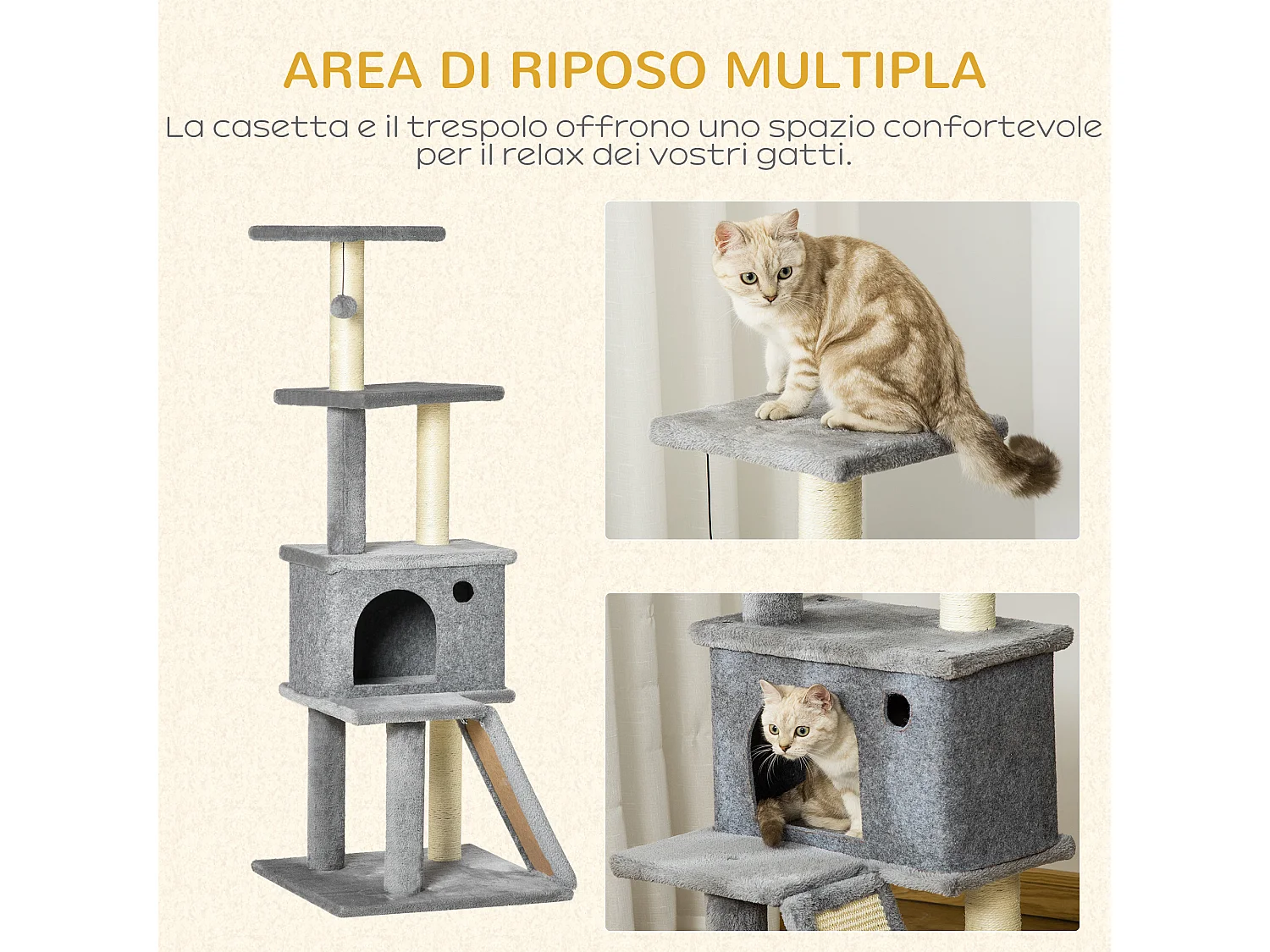 Albero tiragraffi multilivello con casetta, scala e pali in sisal grigio